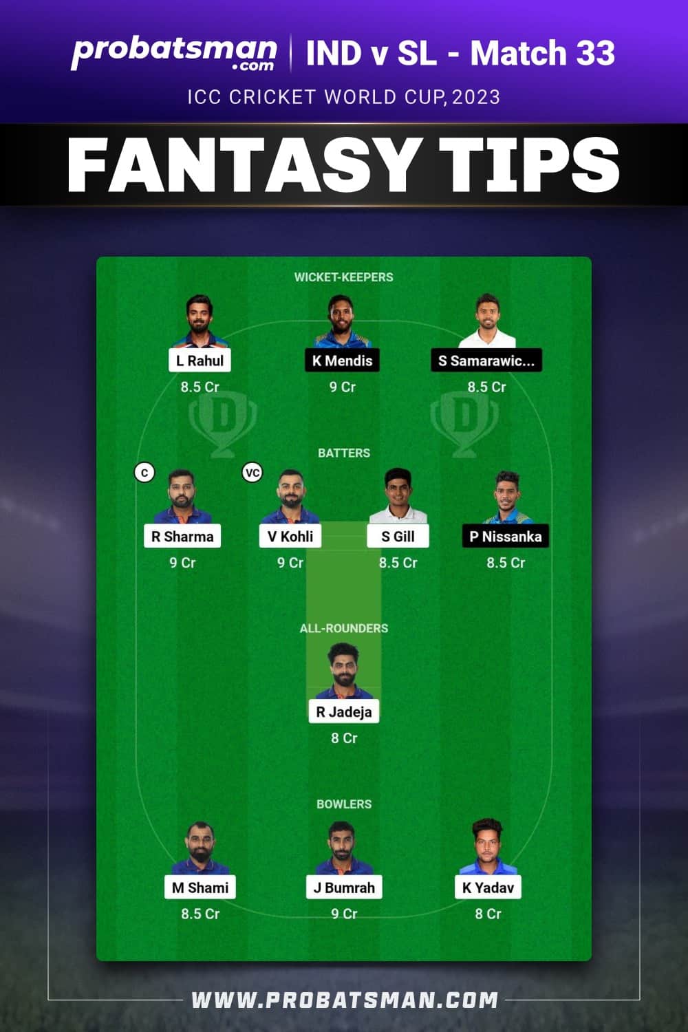 IND vs SL Dream11 Prediction - Fantasy Team 1