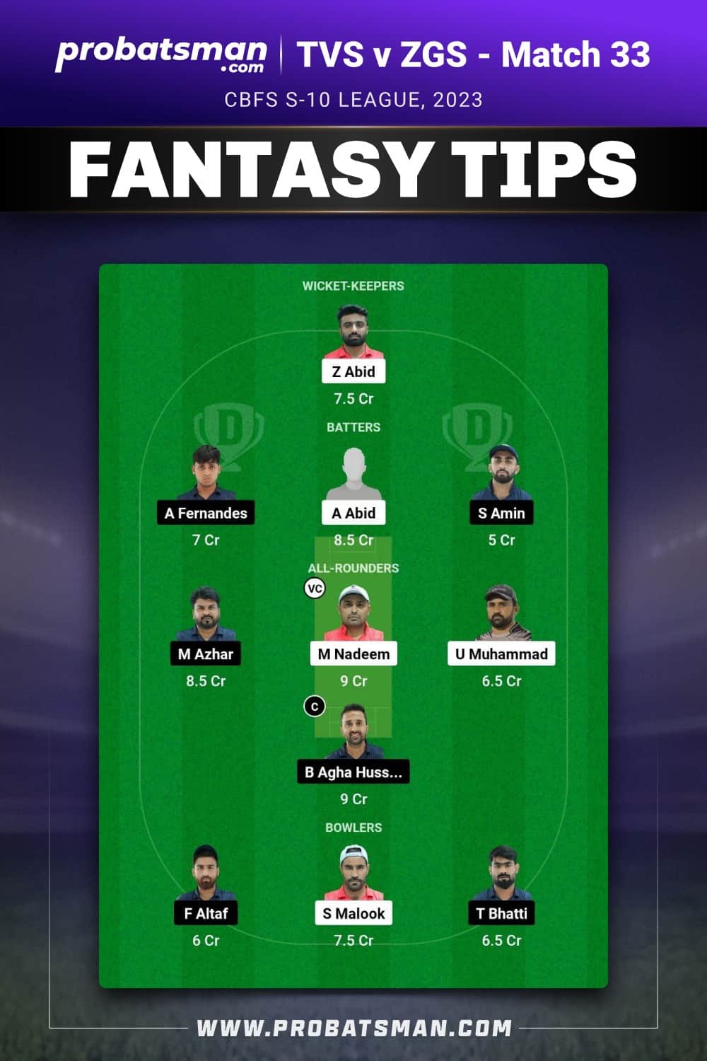 TVS vs ZGS Dream11 Prediction - Fantasy Team 1 TVS vs ZGS Dream11 Prediction - Fantasy Team 1