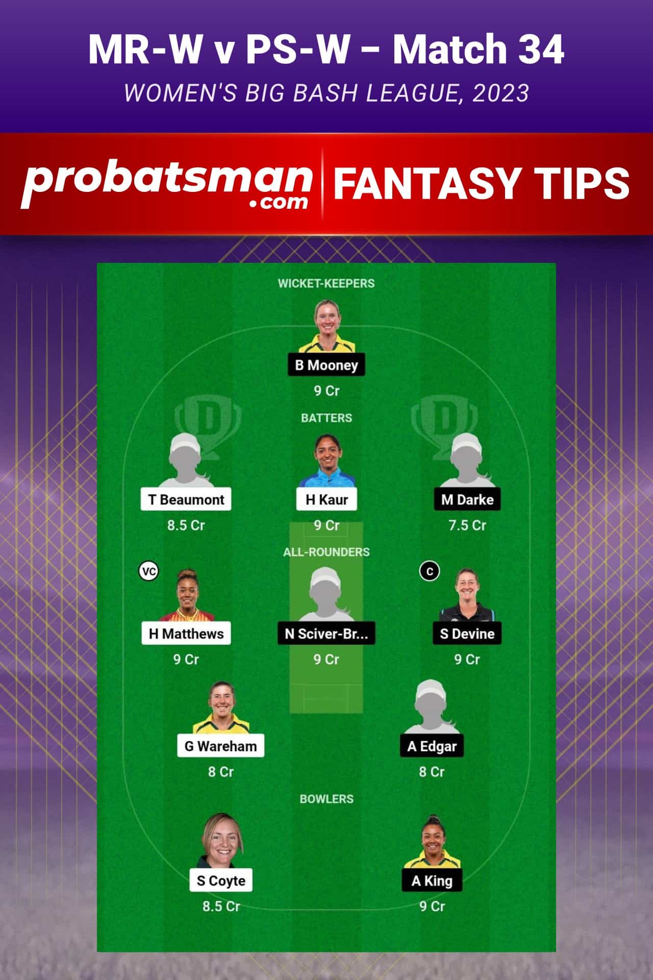 MR-W vs PS-W Dream11 Prediction - Fantasy Team 1 MR-W vs PS-W Dream11 Prediction - Fantasy Team 1