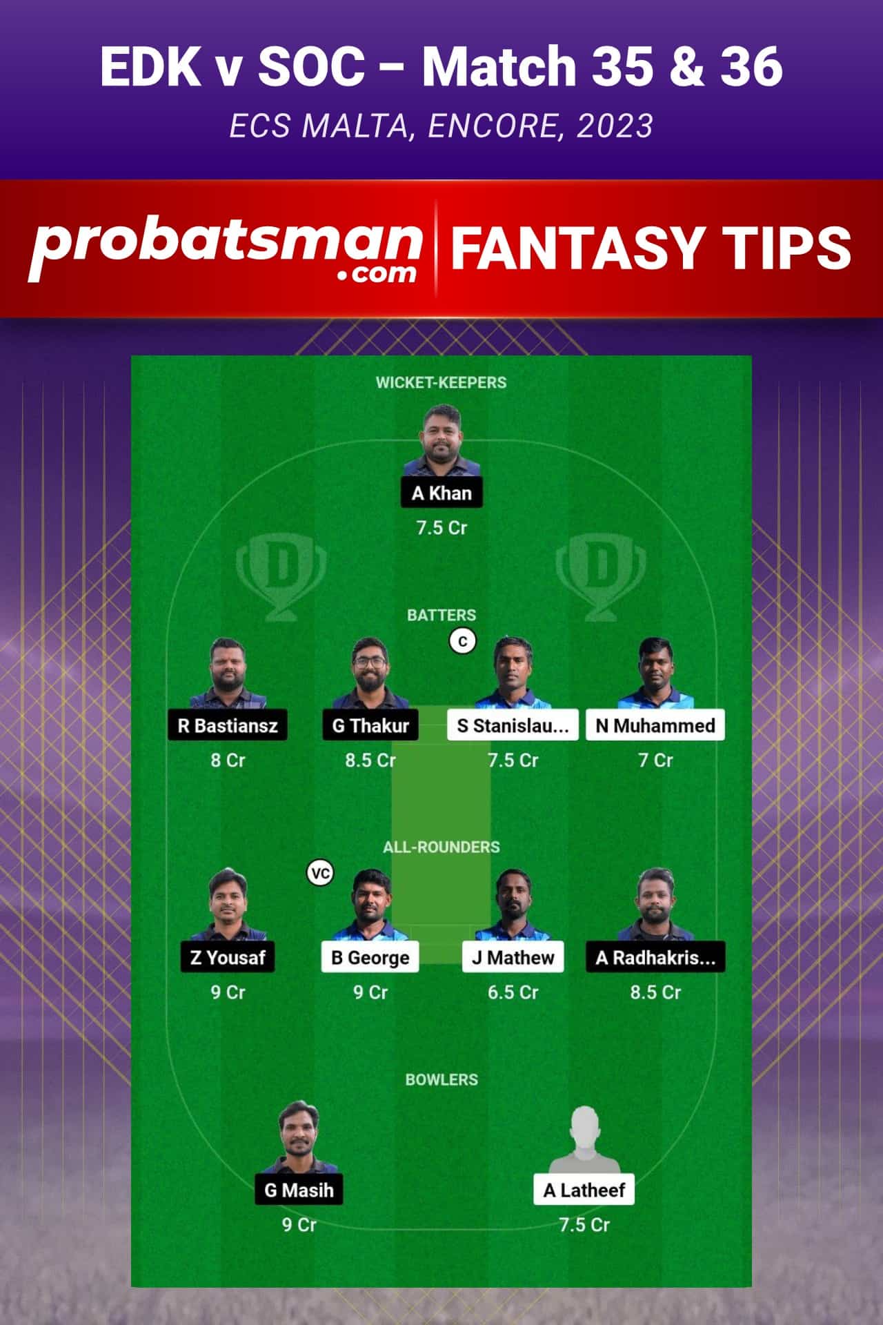 EDK vs SOC Dream11 Prediction - Fantasy Team 1 EDK vs SOC Dream11 Prediction - Fantasy Team 1