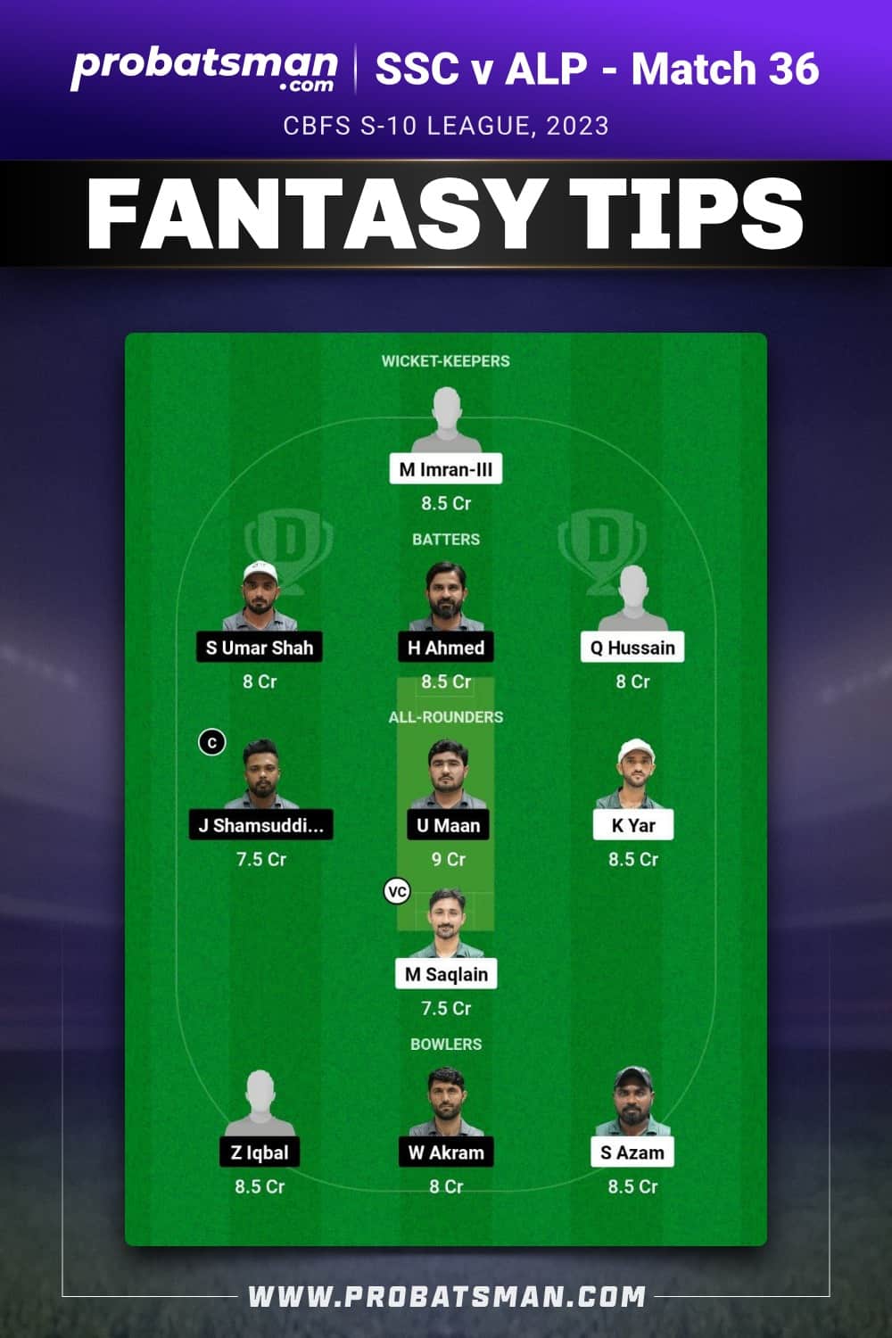 SSC vs ALP Dream11 Prediction - Fantasy Team 1
