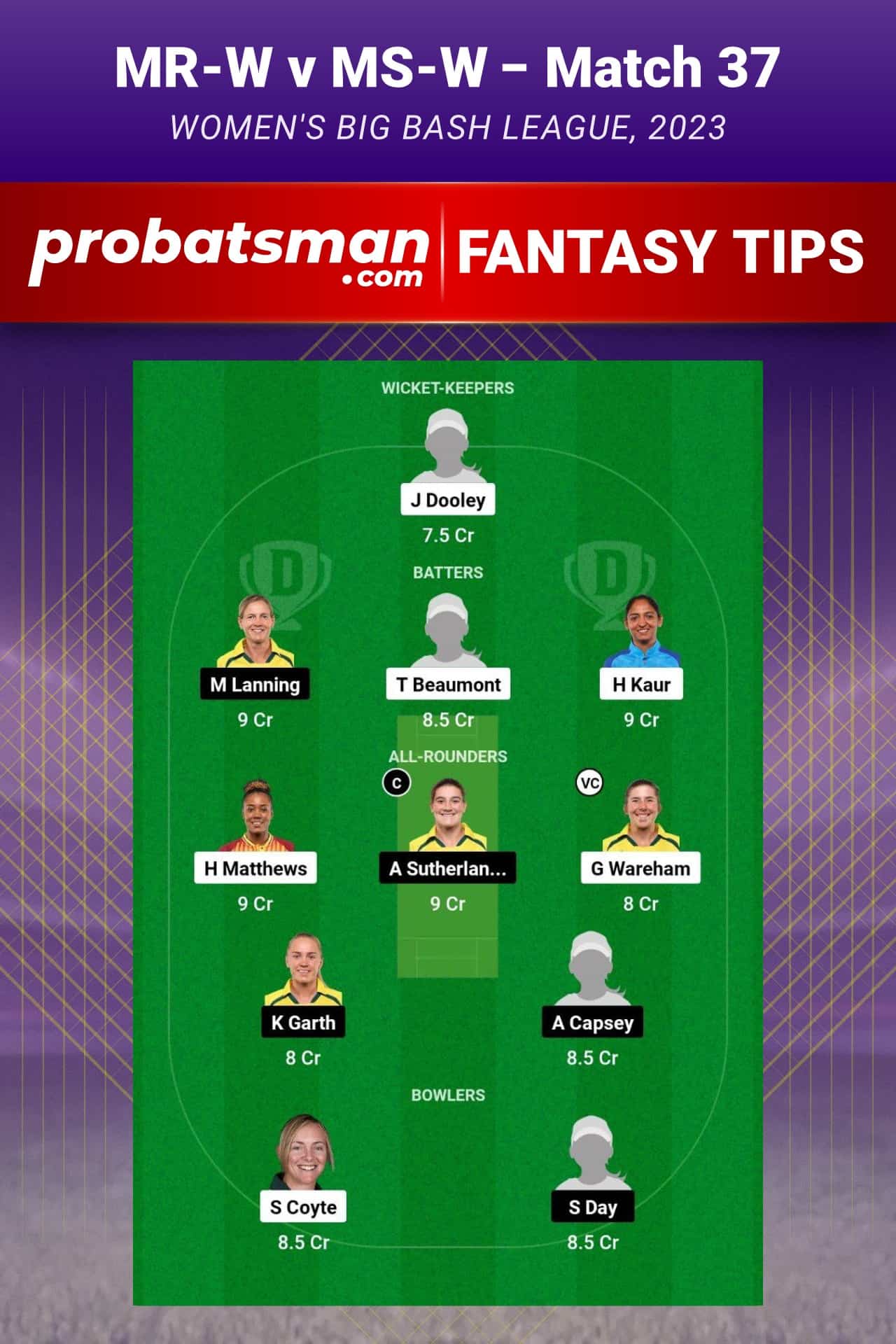MR-W vs MS-W Dream11 Prediction - Fantasy Team 1 MR-W vs MS-W Dream11 Prediction - Fantasy Team 1