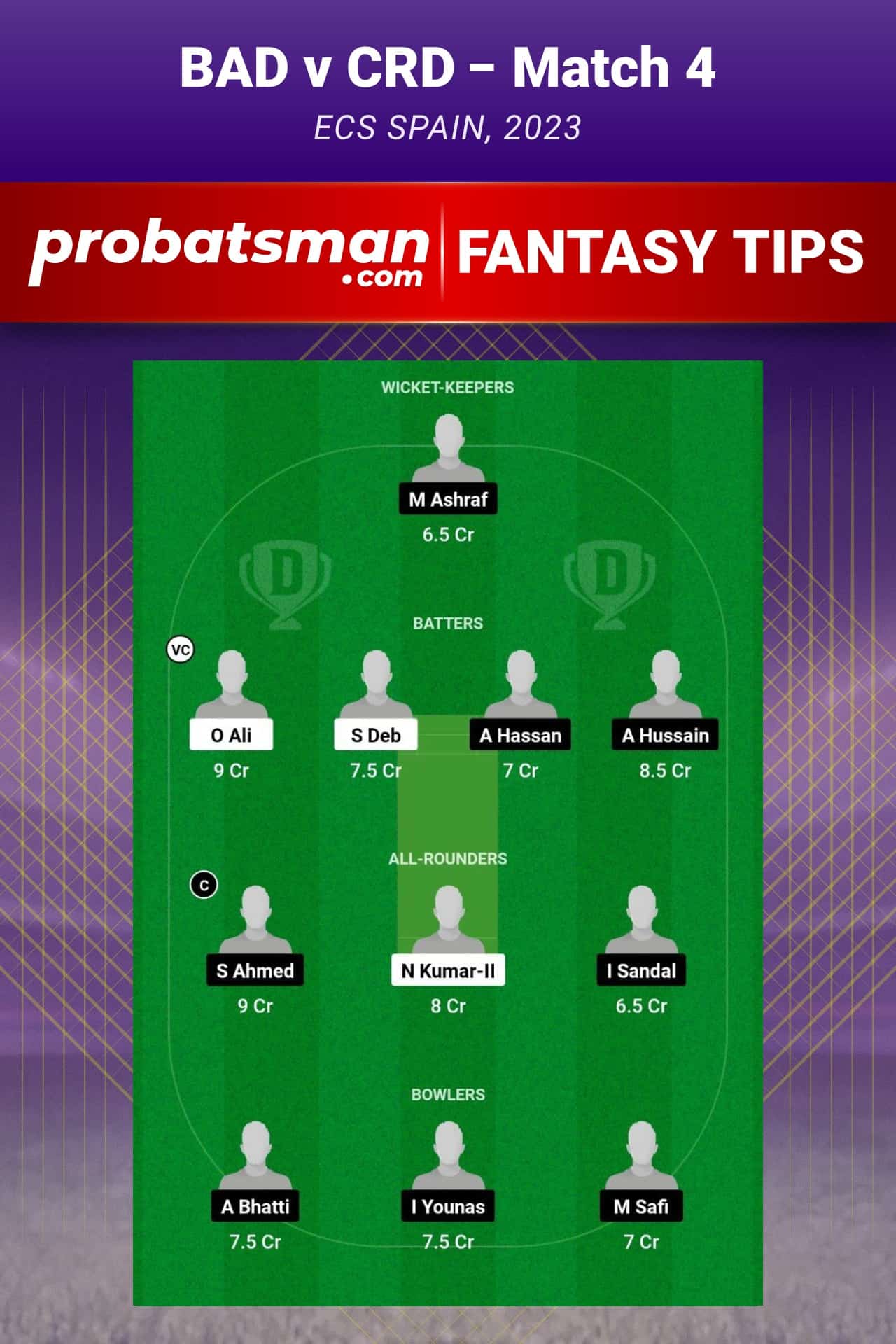 BAD vs CRD Dream11 Prediction - Fantasy Team 1