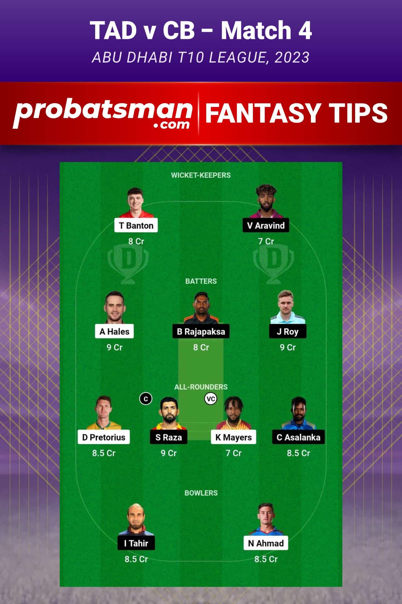 TAD vs CB Dream11 Prediction - Fantasy Team 1