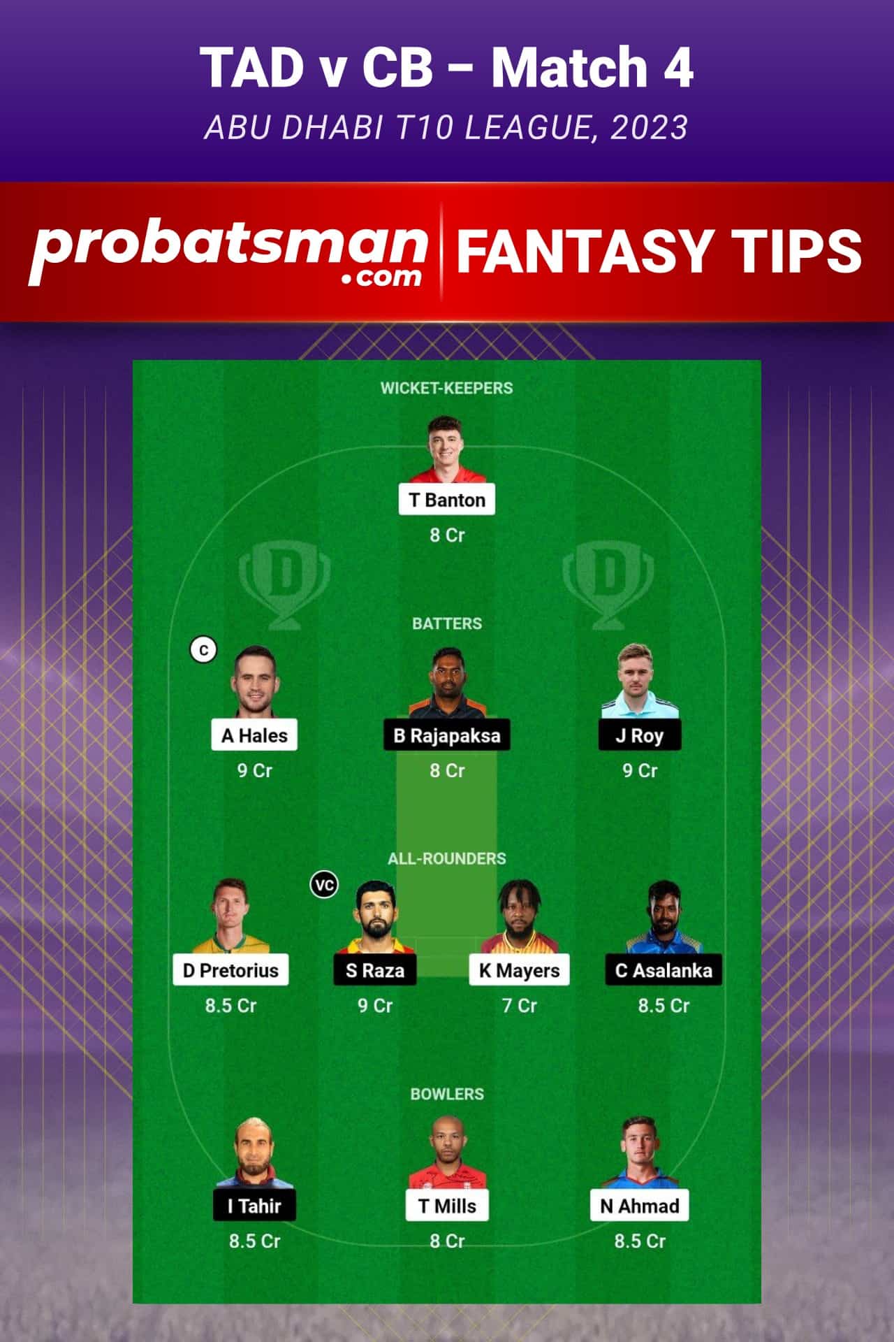 TAD vs CB Dream11 Prediction - Fantasy Team 2