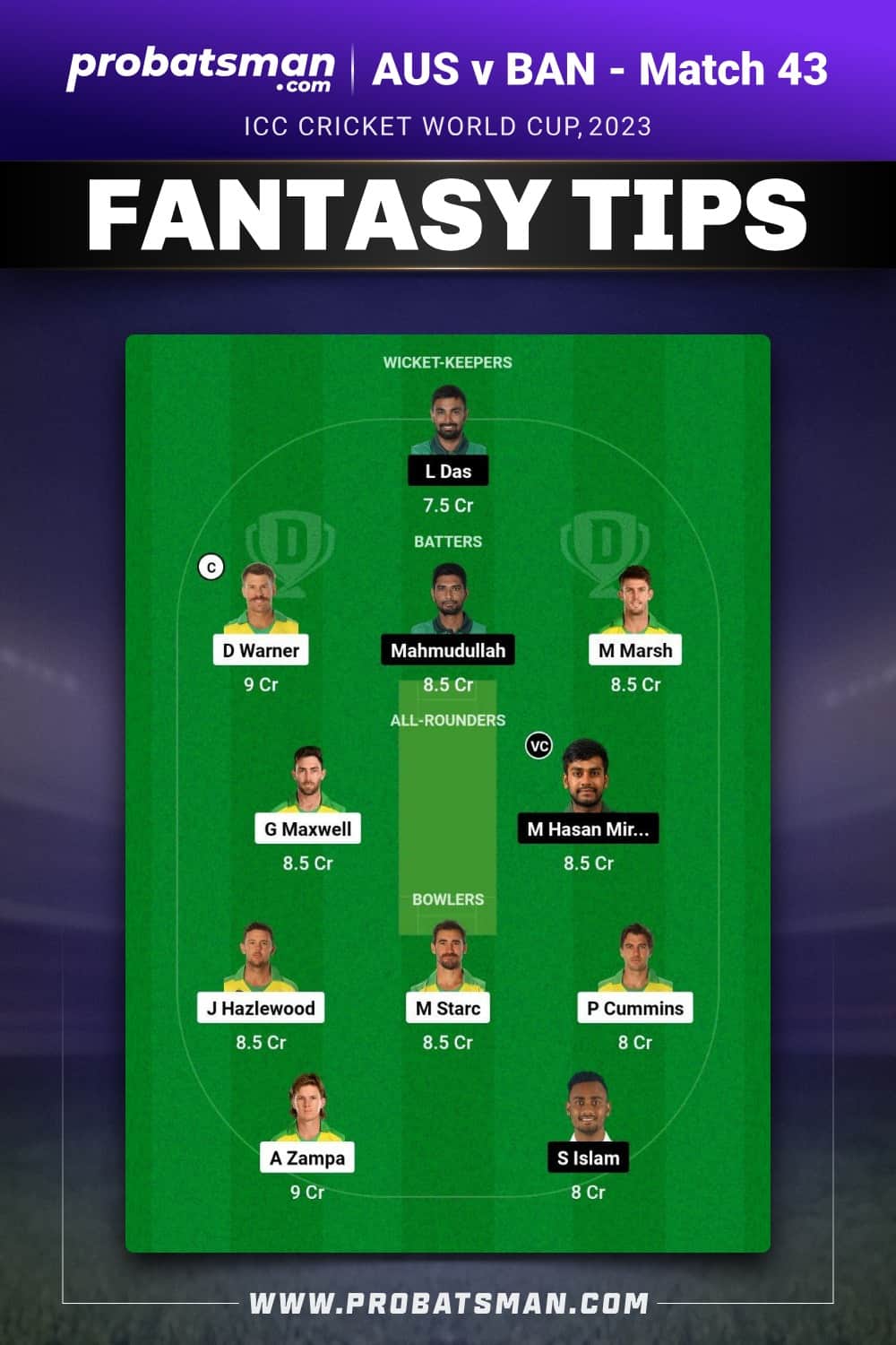 AUS vs BAN Dream11 Prediction - Fantasy Team 1 AUS vs BAN Dream11 Prediction - Fantasy Team 1