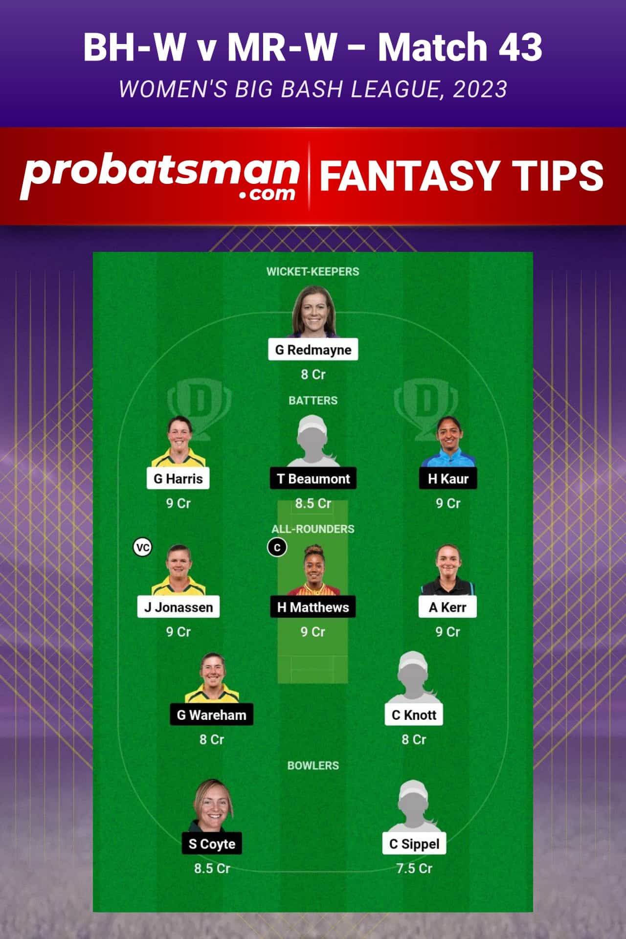 BH-W vs MR-W Dream11 Prediction - Fantasy Team 1