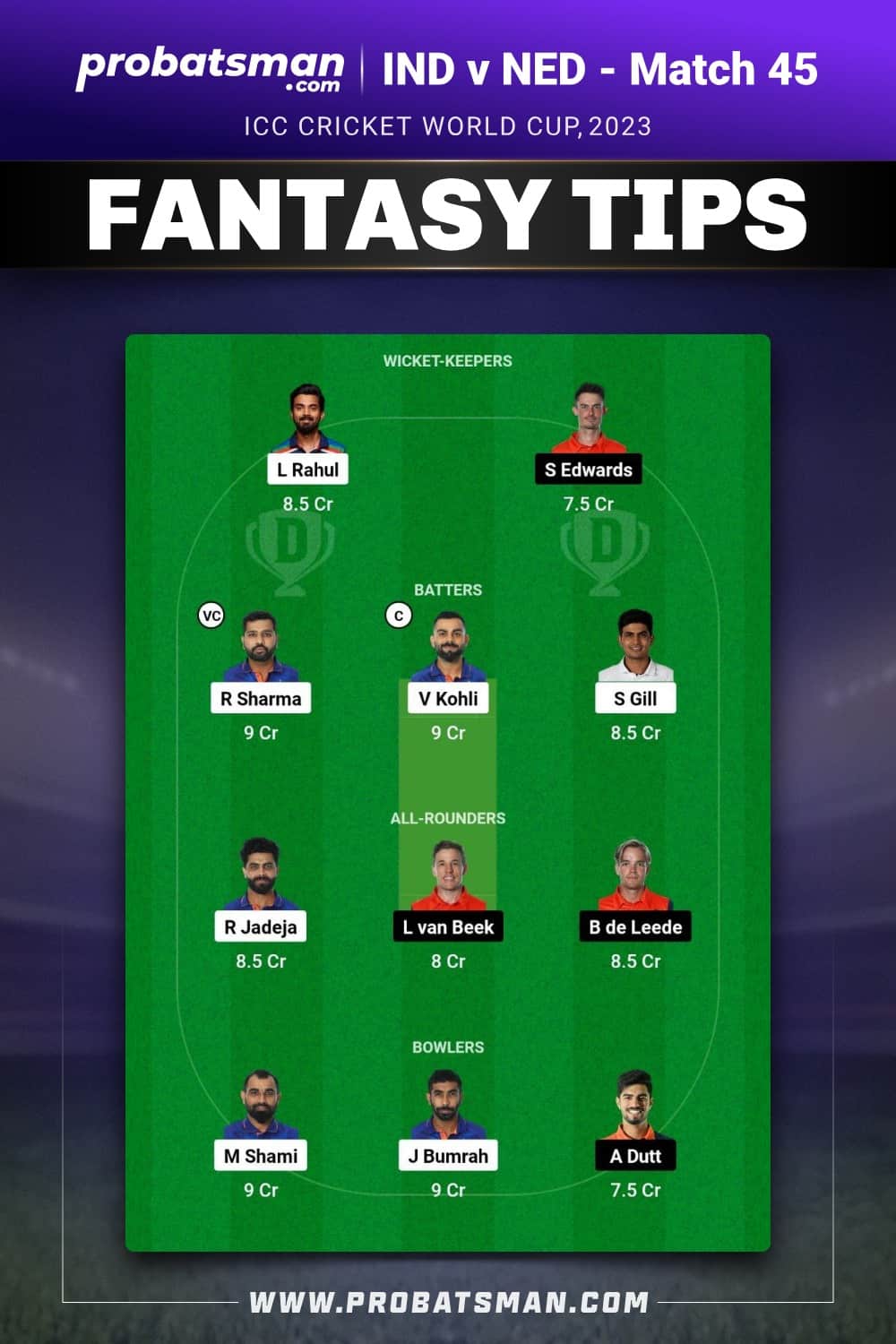 IND vs NED Dream11 Prediction - Fantasy Team 1