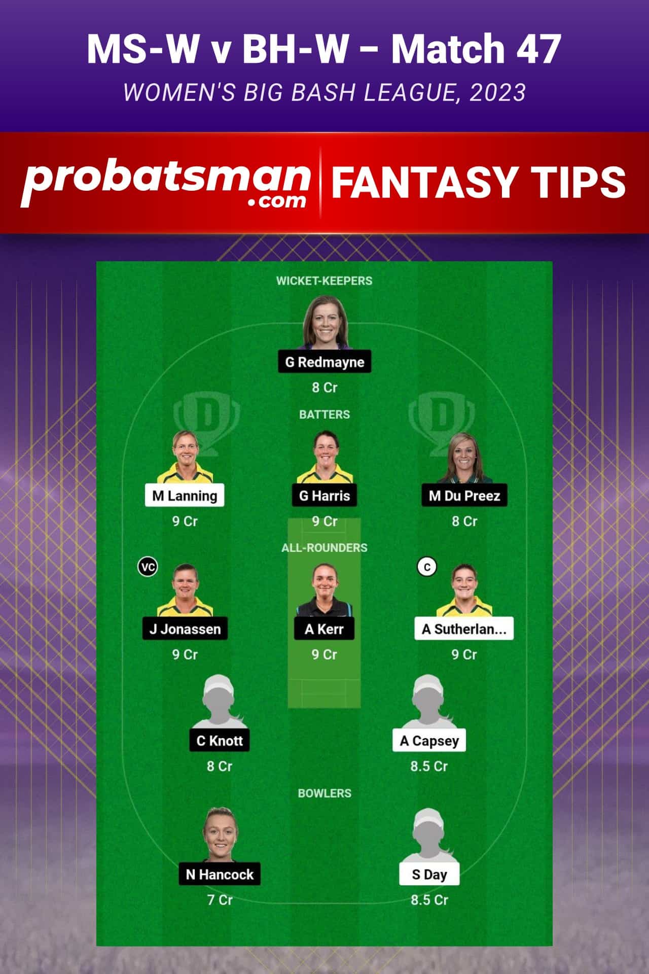 MS-W vs BH-W Dream11 Prediction - Fantasy Team 1