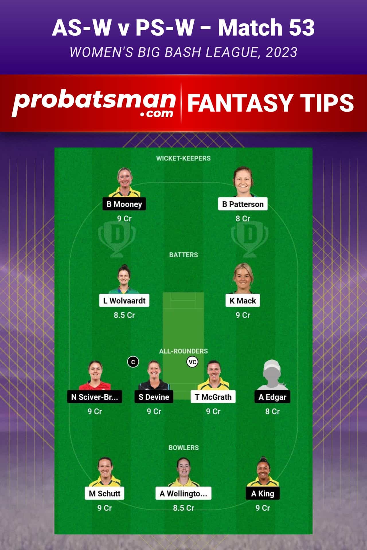 AS-W vs PS-W Dream11 Prediction - Fantasy Team 1