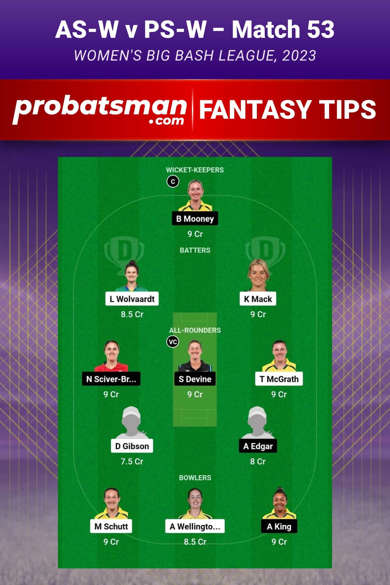 AS-W vs PS-W Dream11 Prediction - Fantasy Team 2