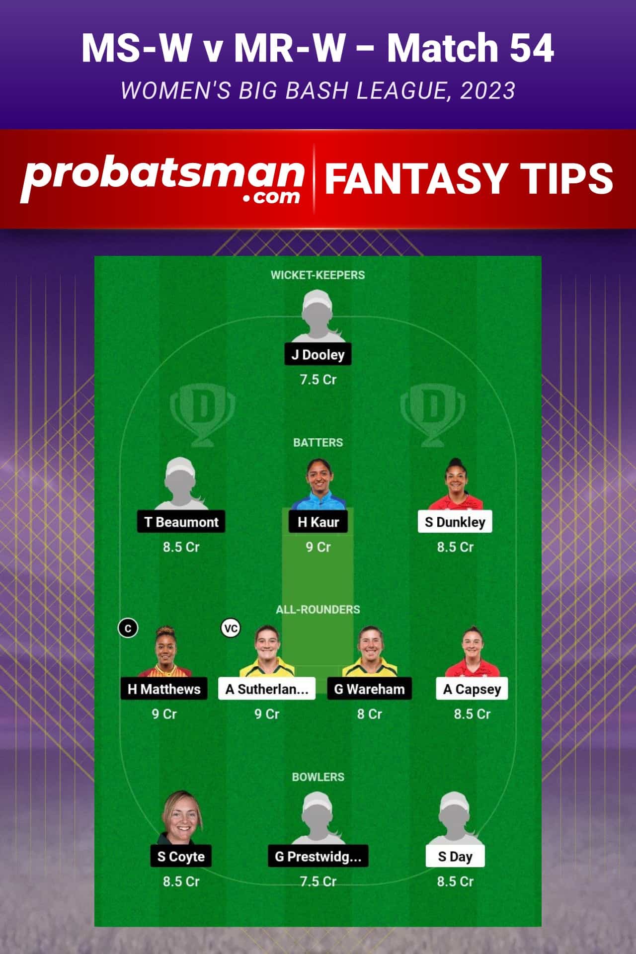 MS-W vs MR-W Dream11 Prediction - Fantasy Team 2