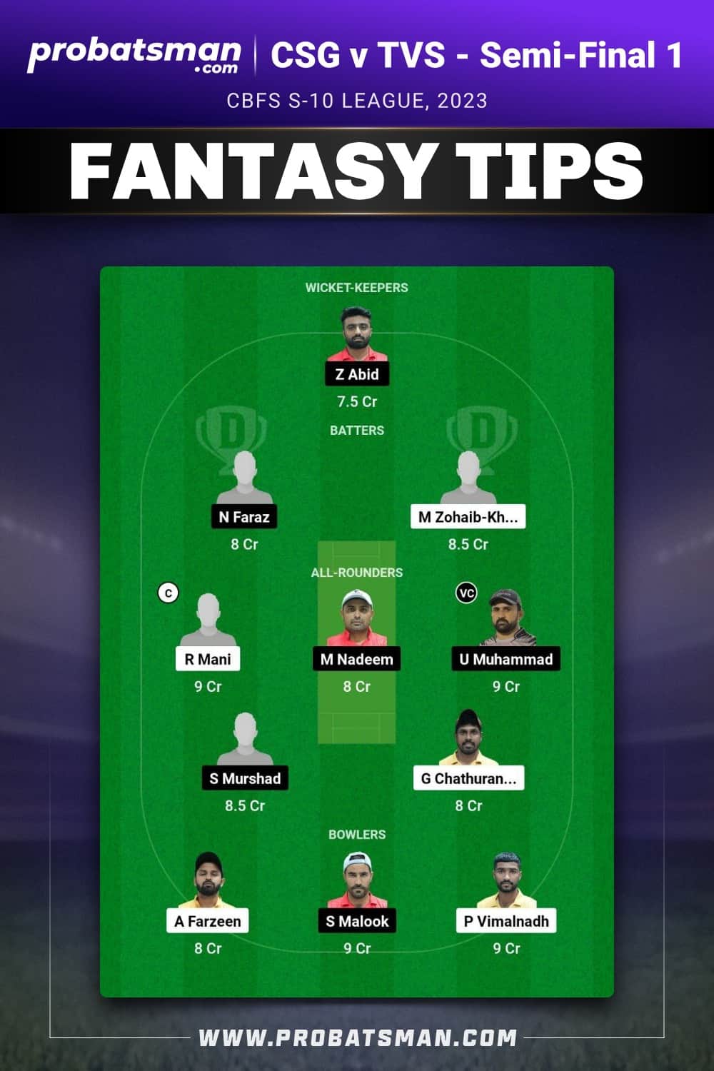 CSG vs TVS Dream11 Prediction - Fantasy Team 1