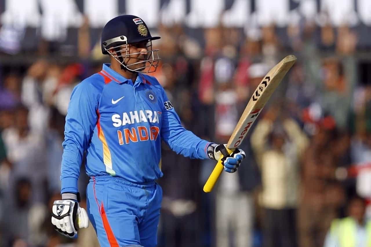 Virender Sehwag celebrating his double century