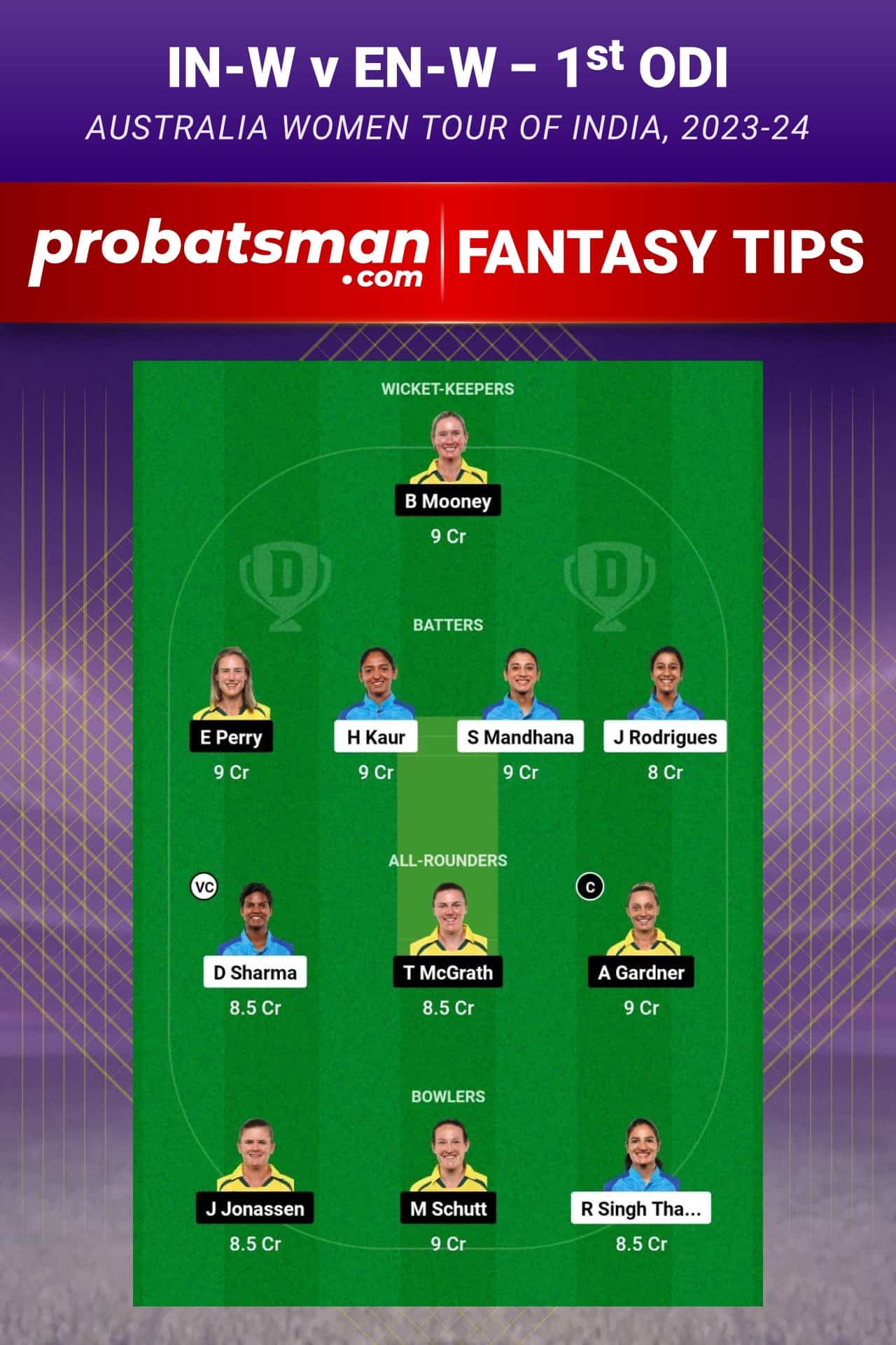 IN-W vs AU-W Dream11 Prediction - Fantasy Team 1