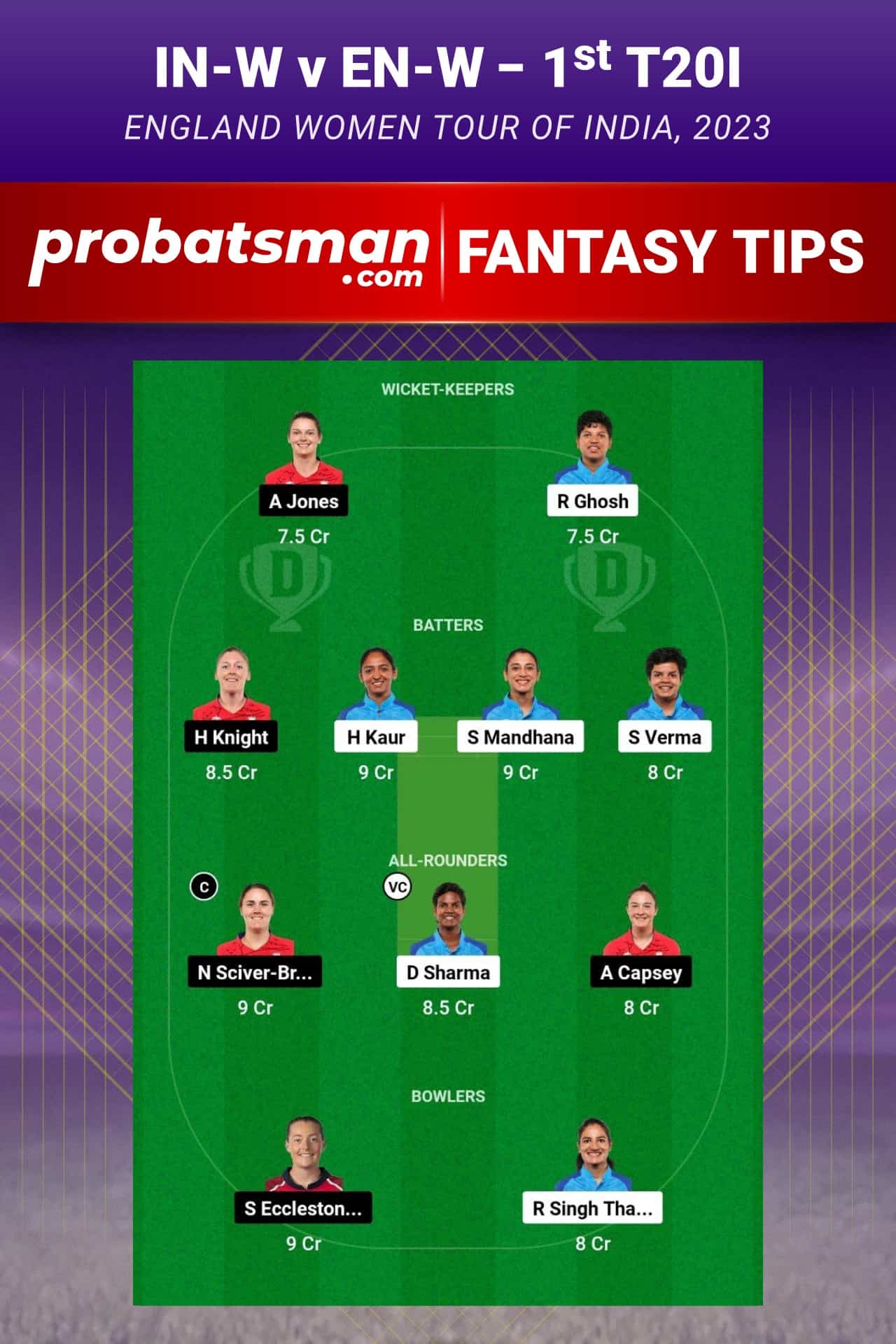 IN-W vs EN-W Dream11 Prediction - Fantasy Team 1
