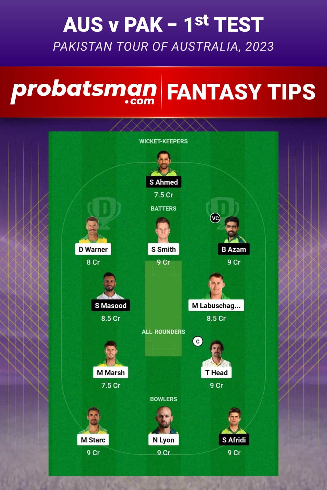 AUS vs PAK Dream11 Prediction - Fantasy Team 1