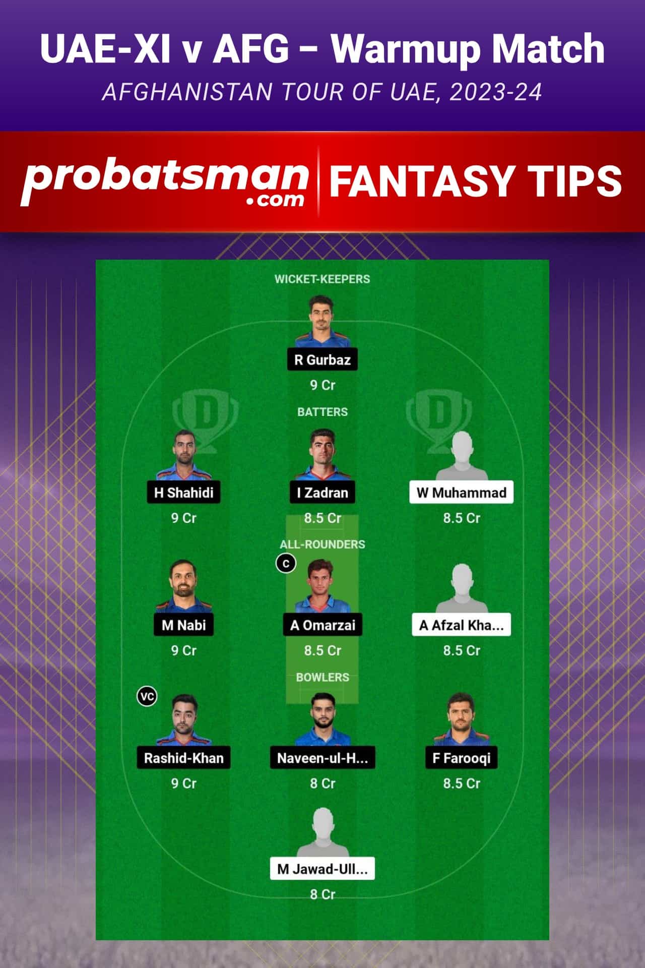 UAE-XI vs AFG Dream11 Prediction - Fantasy Team 1