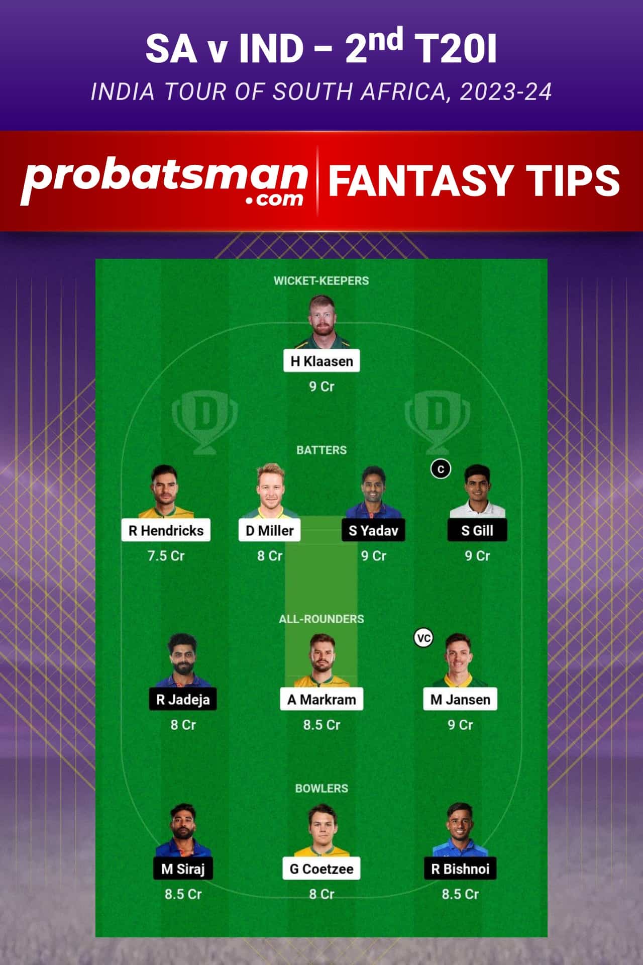 SA vs IND Dream11 Prediction - Fantasy Team 1