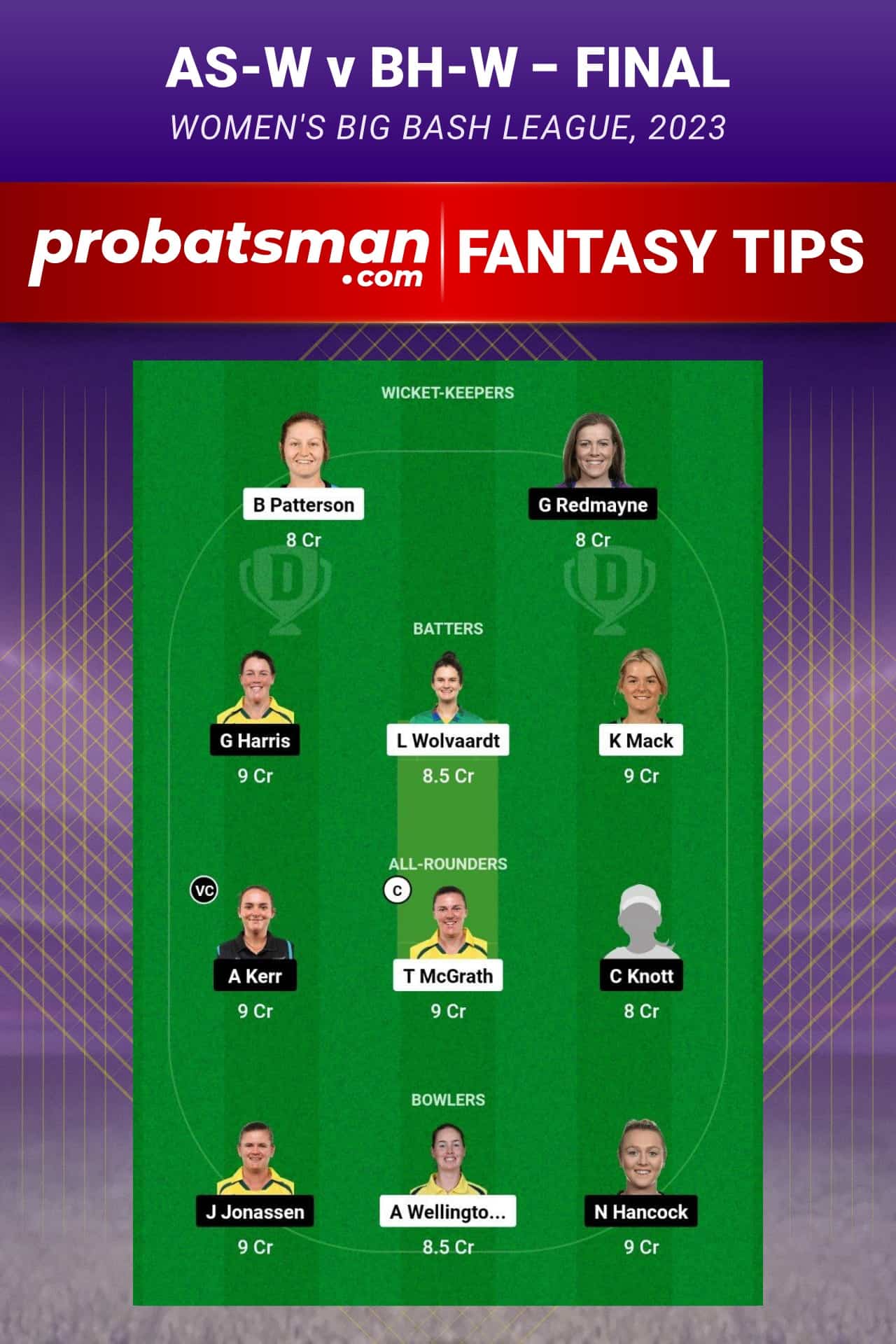 AS-W vs BH-W Dream11 Prediction - Fantasy Team 1