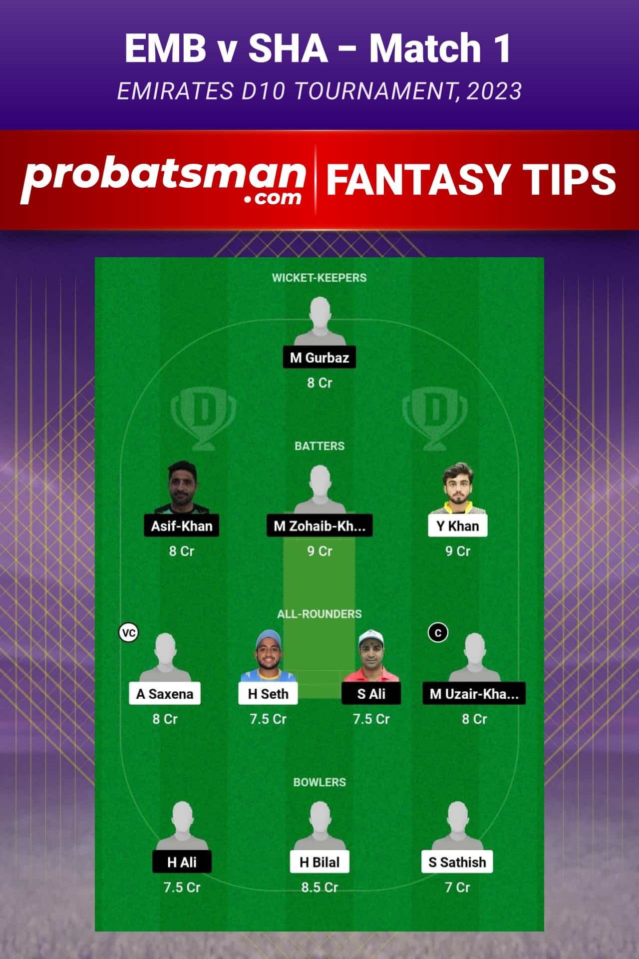 EMB vs SHA Dream11 Prediction - Fantasy Team 1