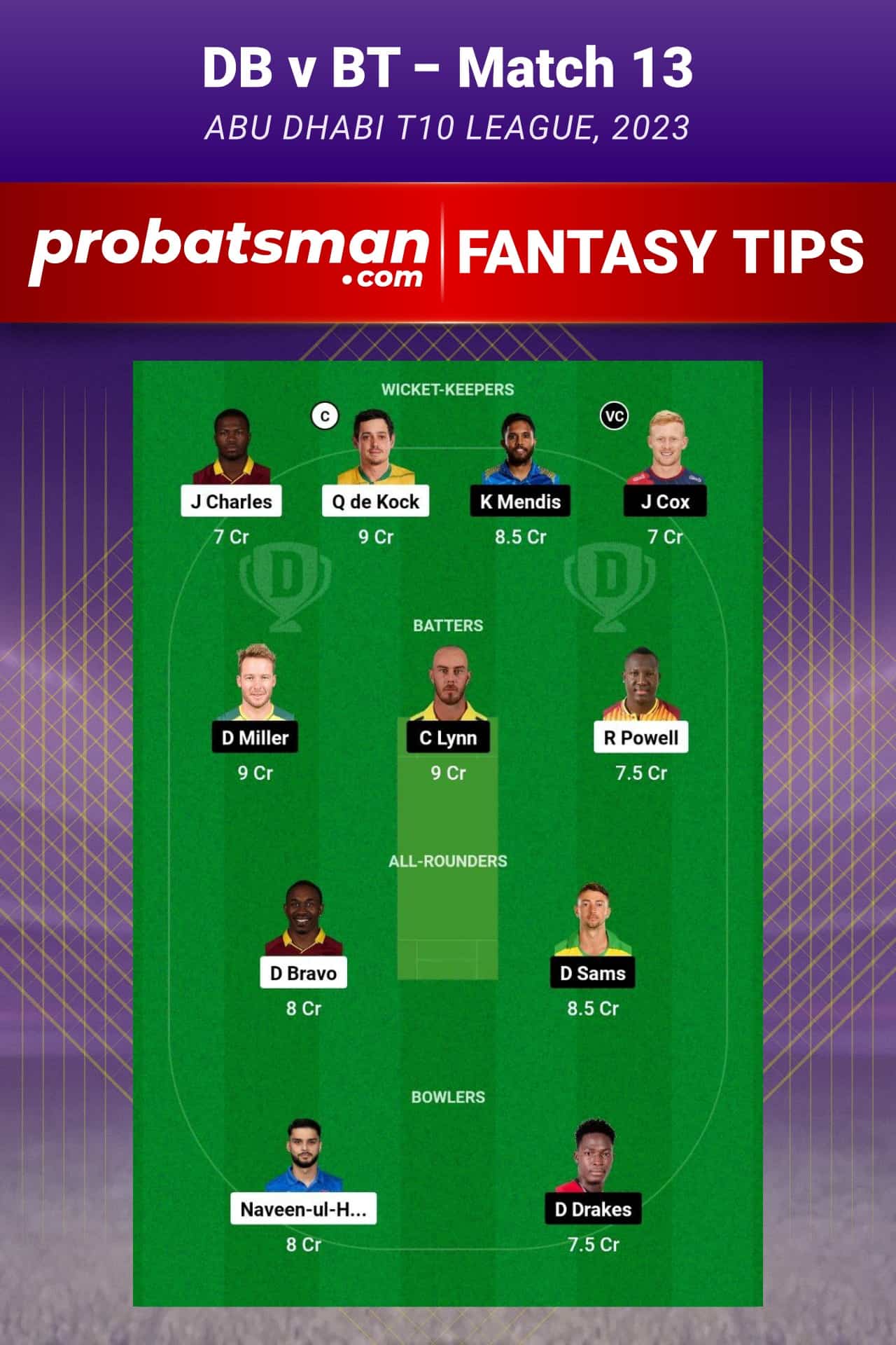 DB vs BT Dream11 Prediction - Fantasy Team 1