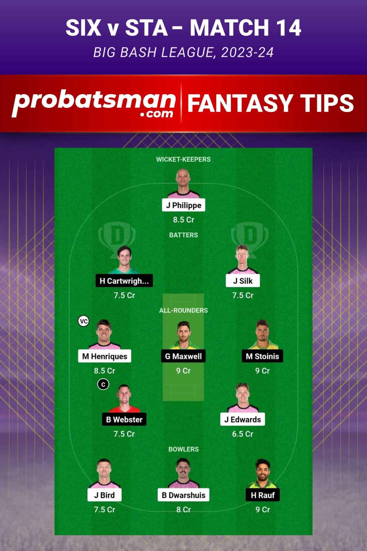 SIX vs STA Dream11 Prediction - Fantasy Team 1