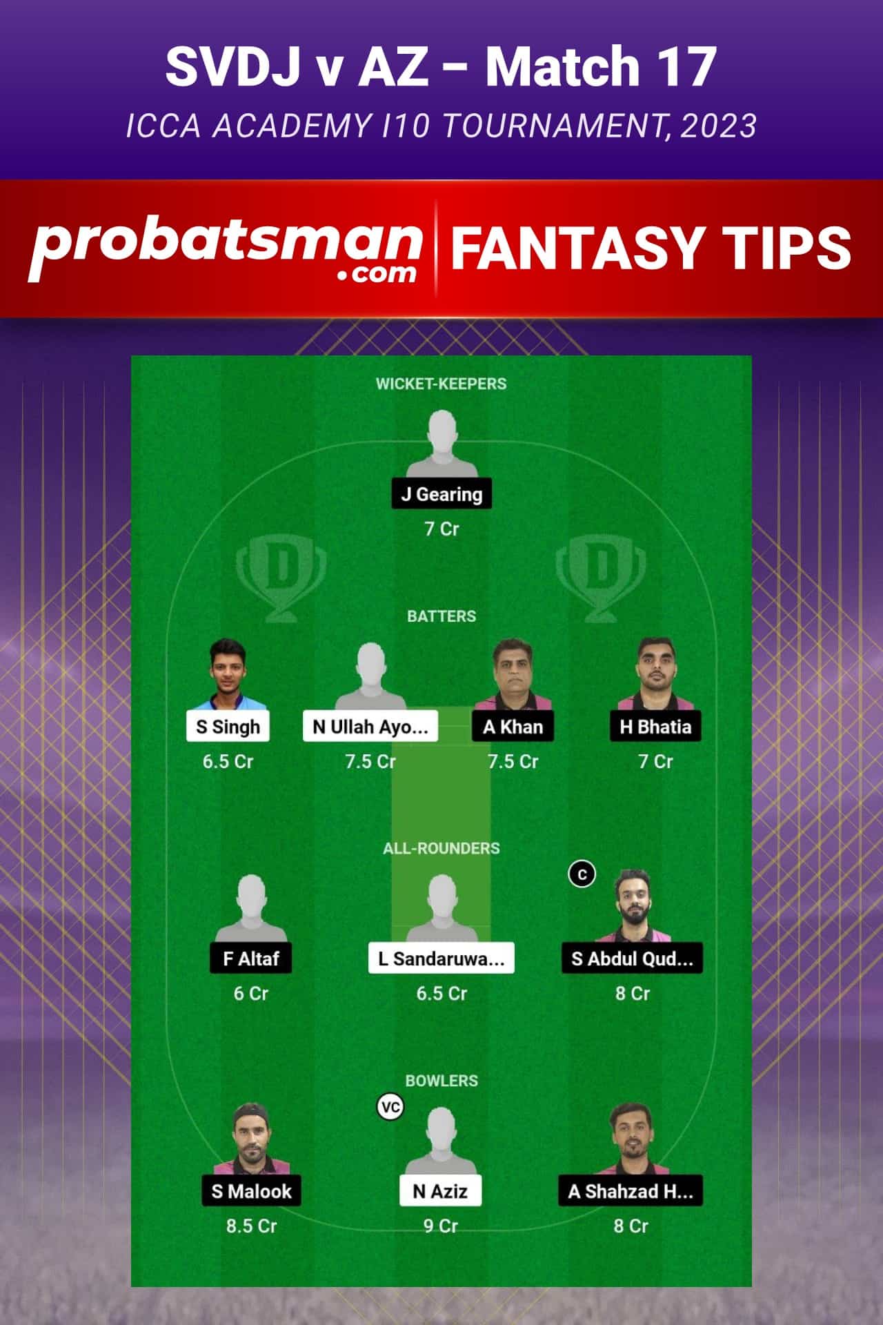 SVDJ vs AZ Dream11 Prediction - Fantasy Team 1