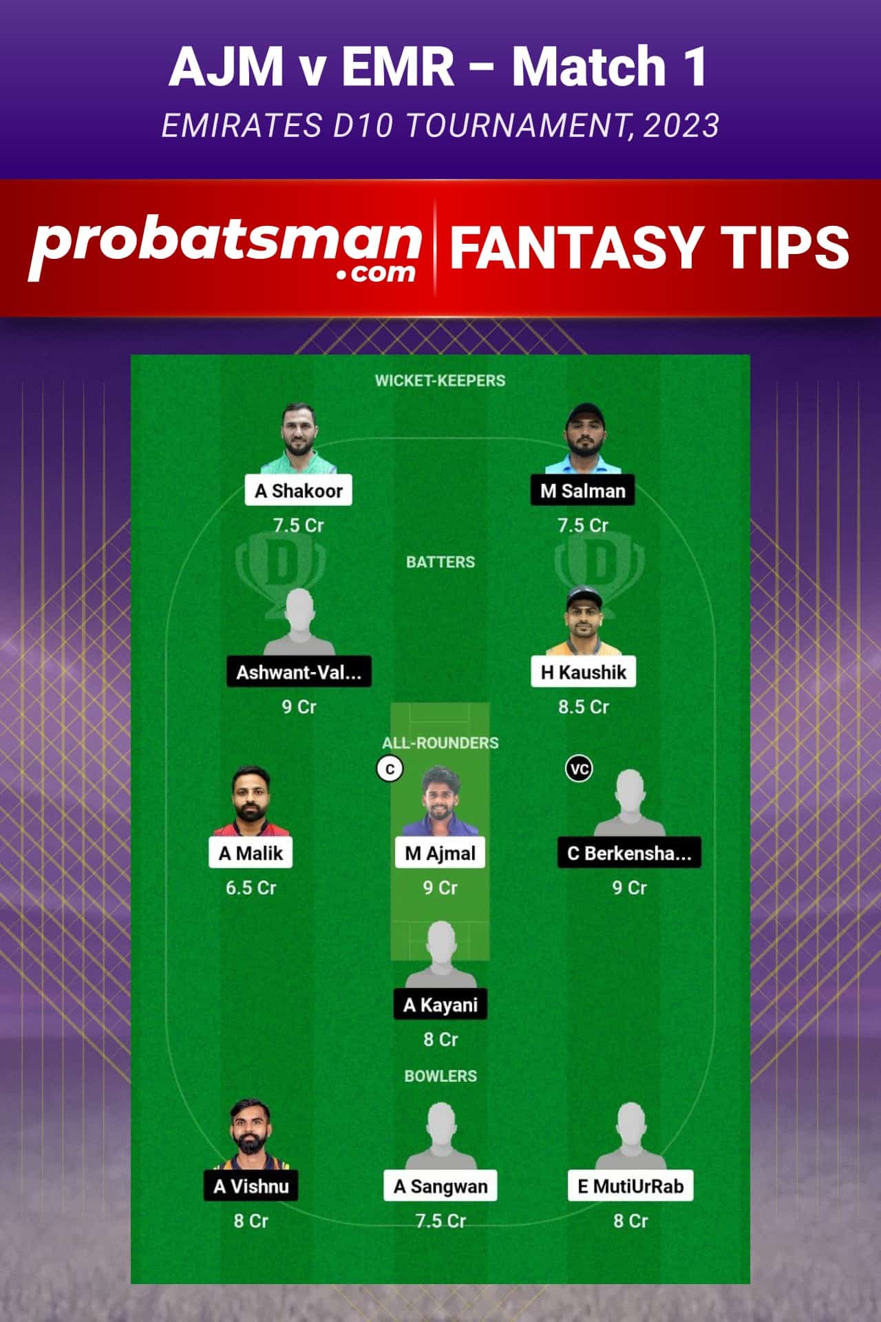 AJM vs EMR Dream11 Prediction - Fantasy Team 1