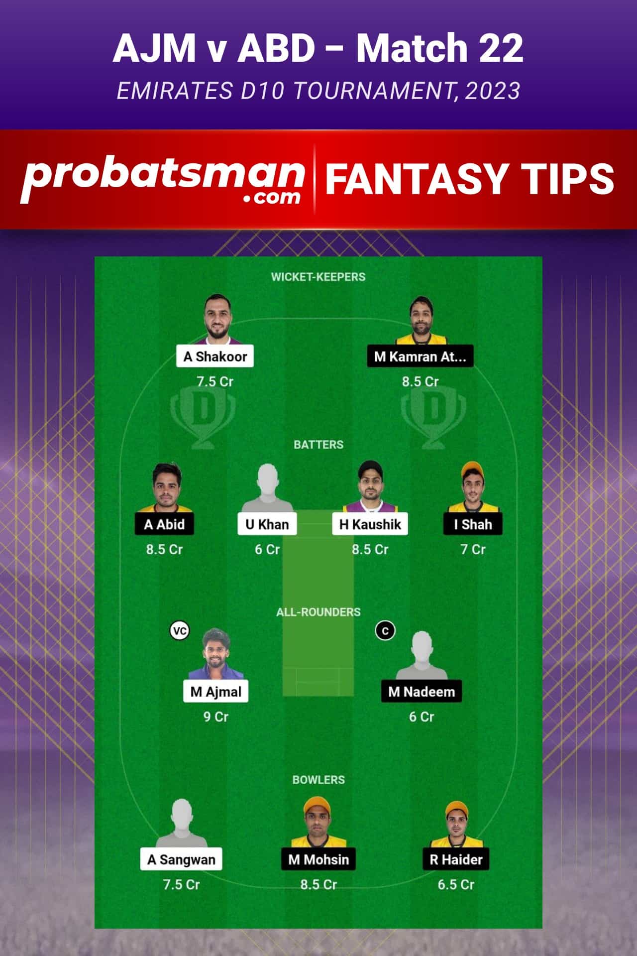 AJM vs ABD Dream11 Prediction - Fantasy Team 1