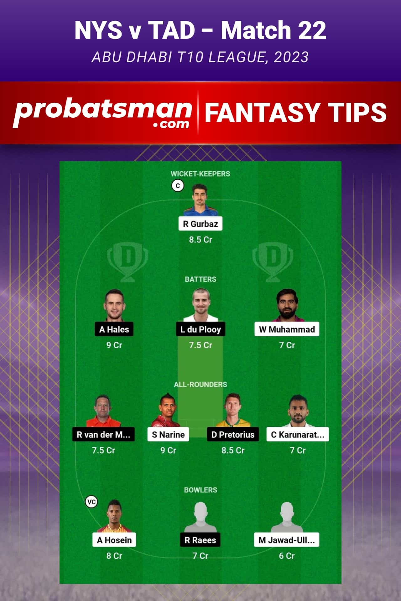 NYS vs TAD Dream11 Prediction - Fantasy Team 2