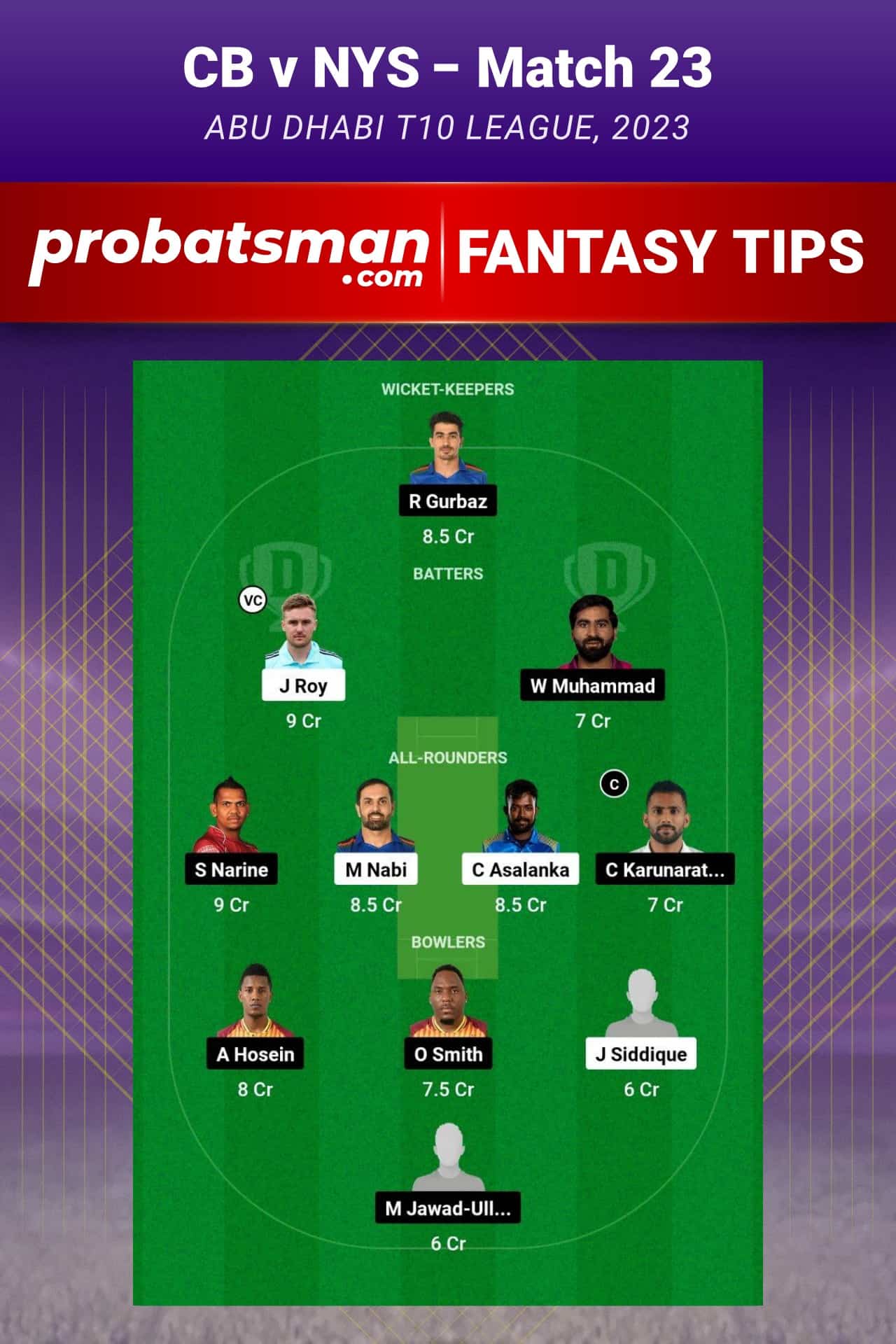 CB vs NYS Dream11 Prediction - Fantasy Team 1