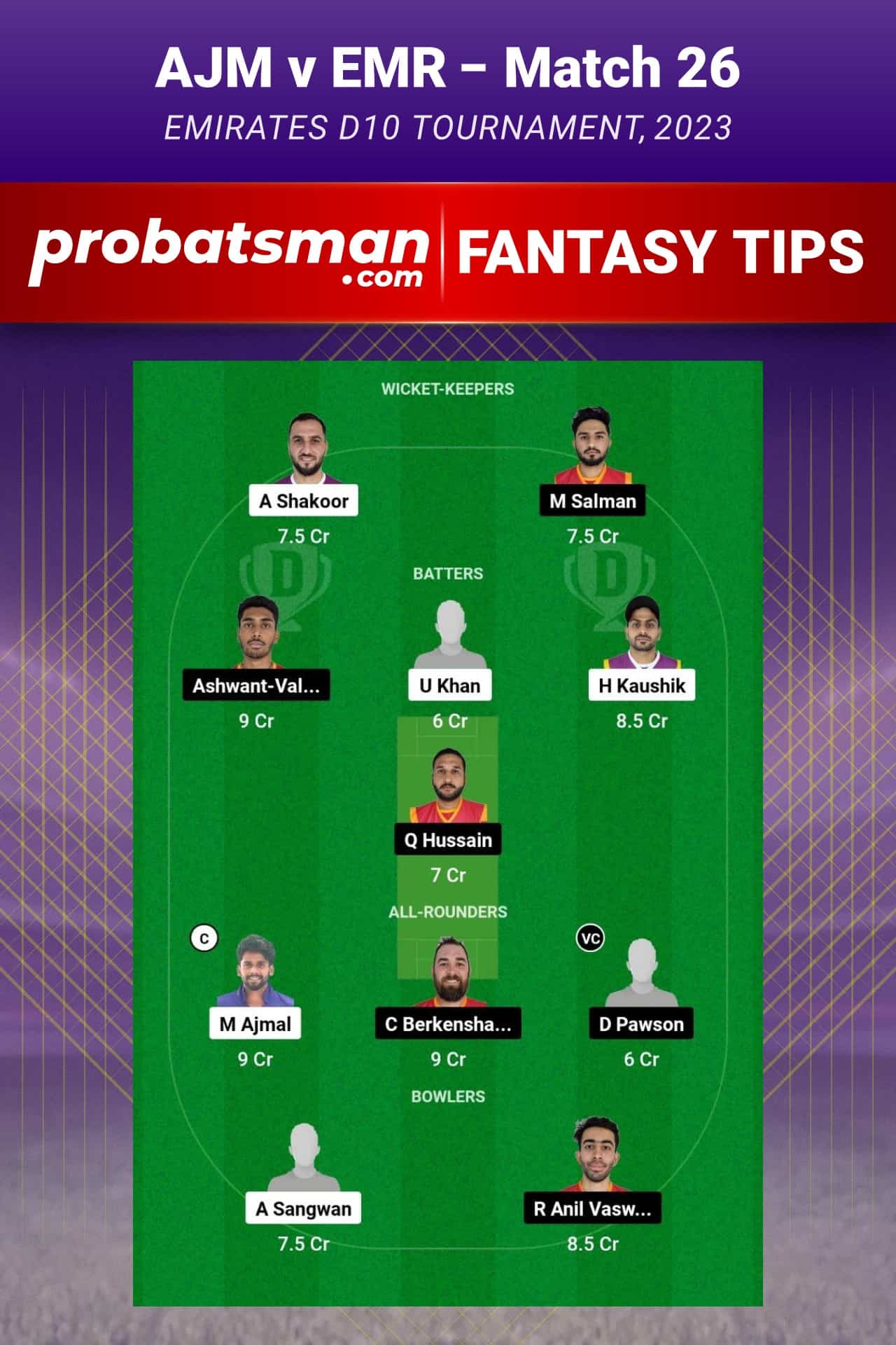 AJM vs EMR Dream11 Prediction - Fantasy Team 1