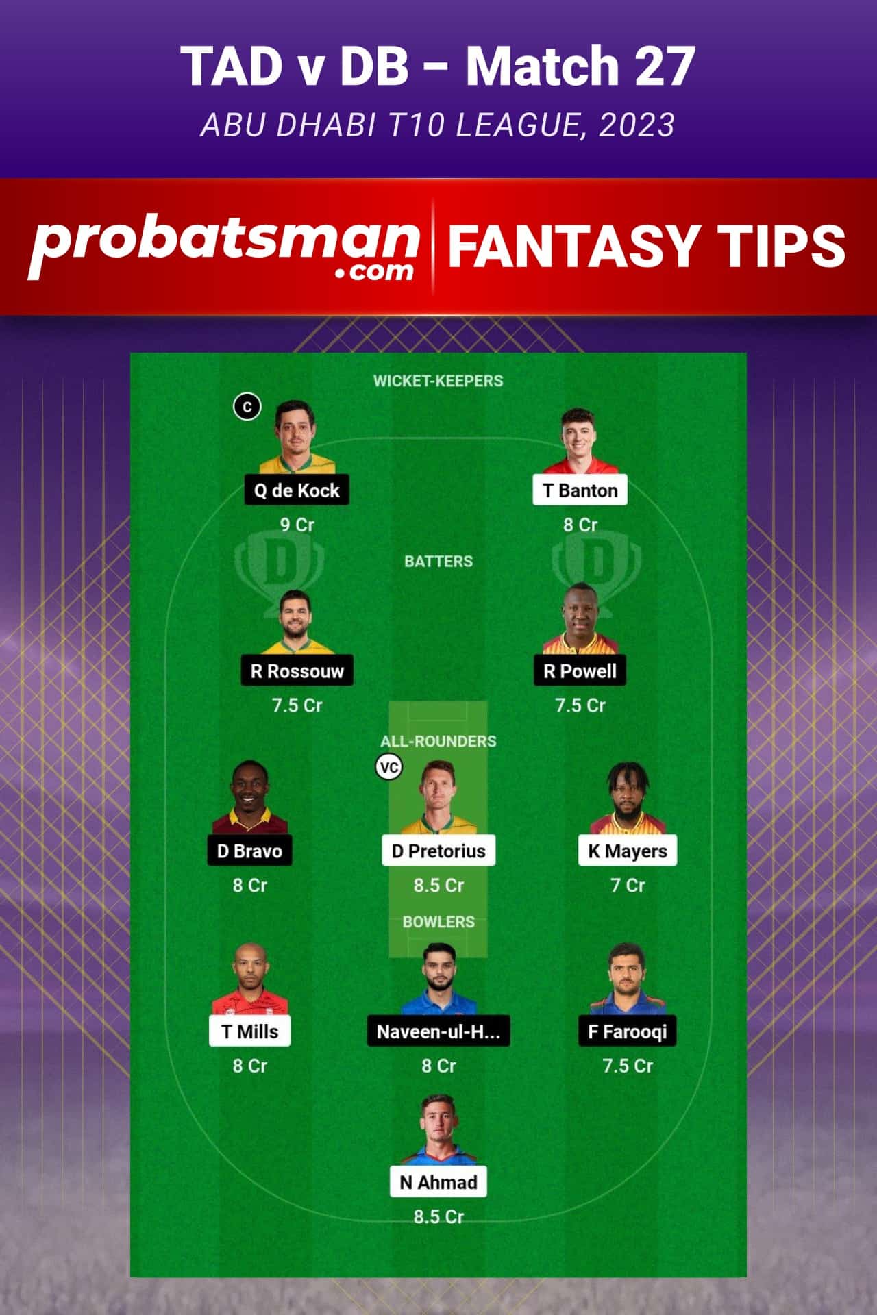 TAD vs DB Dream11 Prediction - Fantasy Team 1