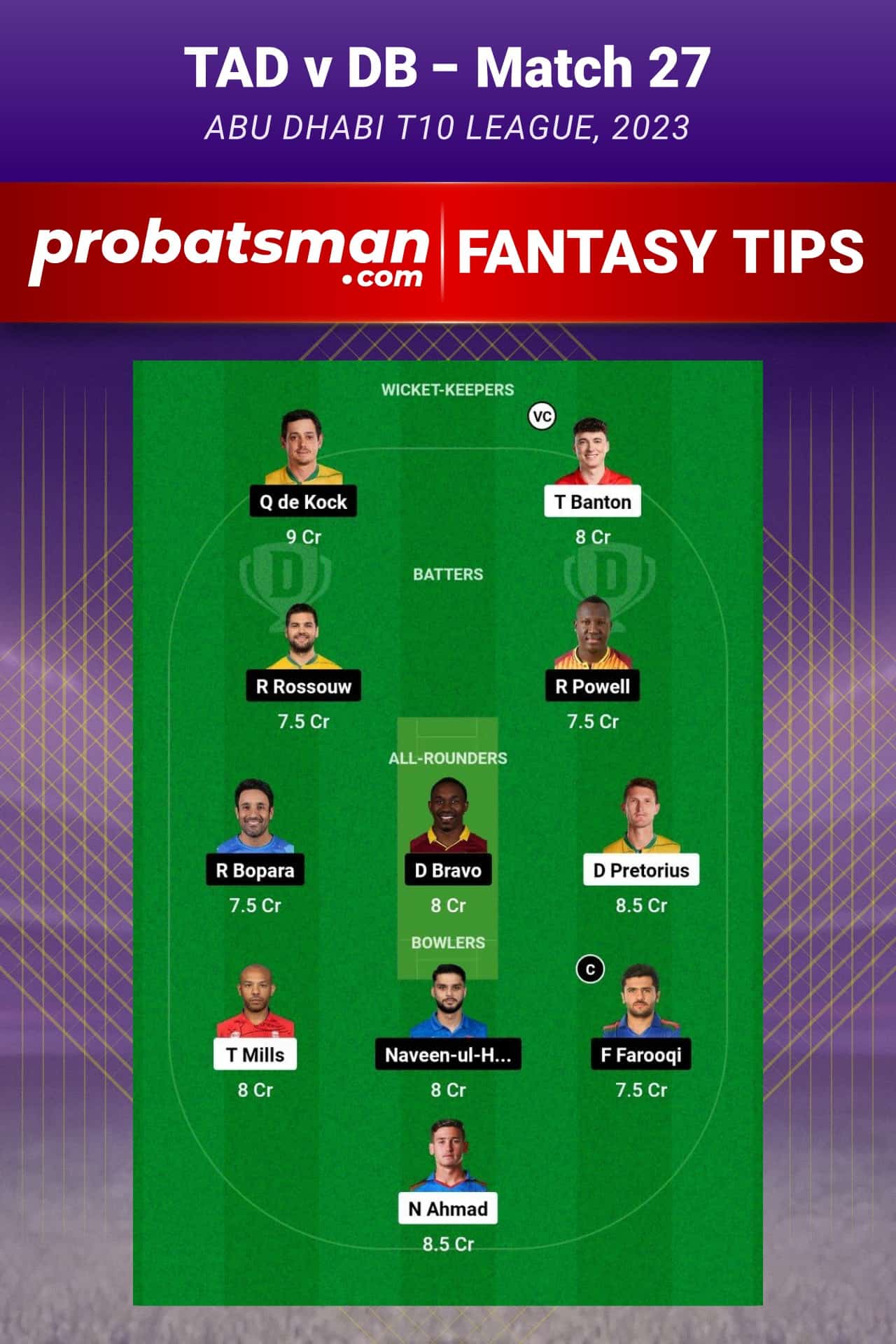 TAD vs DB Dream11 Prediction - Fantasy Team 2