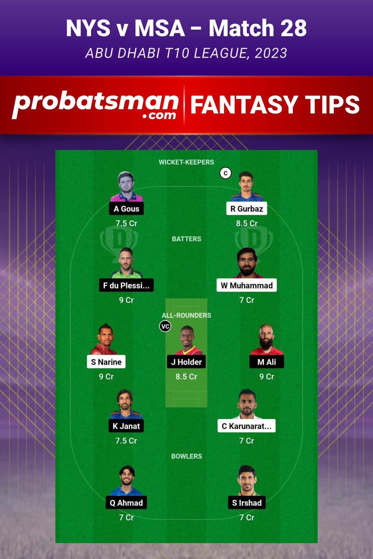 NYS vs MSA Dream11 Prediction - Fantasy Team 1