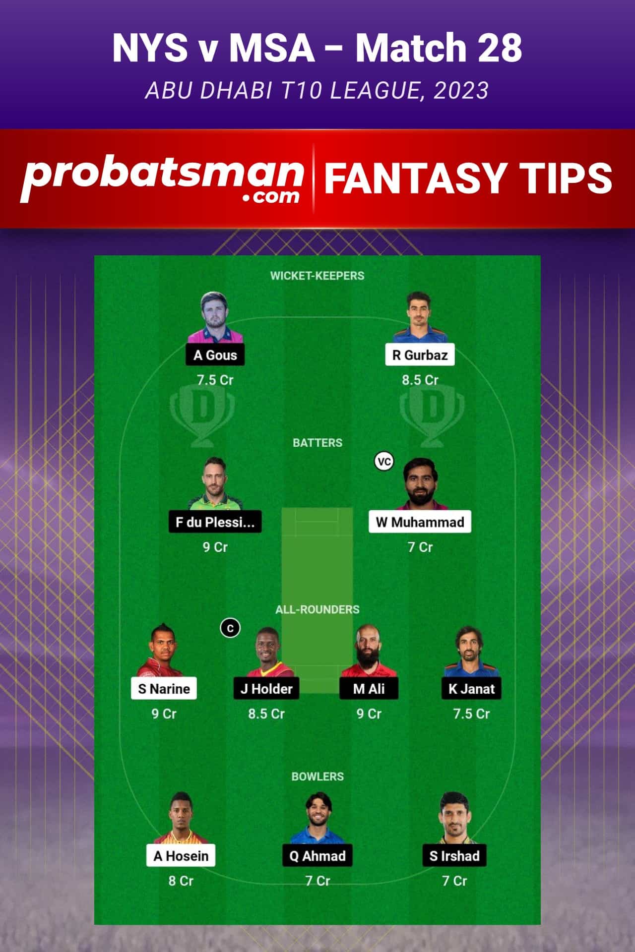 NYS vs MSA Dream11 Prediction - Fantasy Team 2