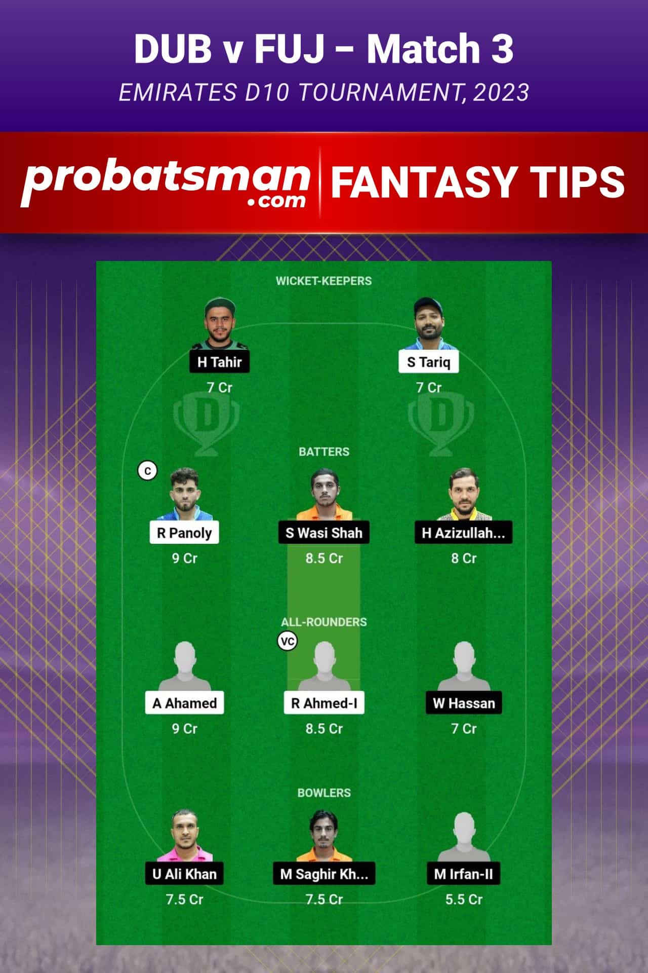 DUB vs FUJ Dream11 Prediction - Fantasy Team 1