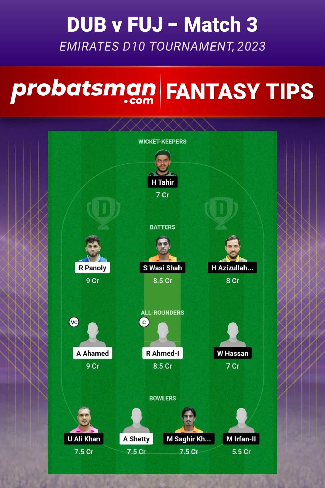 DUB vs FUJ Dream11 Prediction - Fantasy Team 2