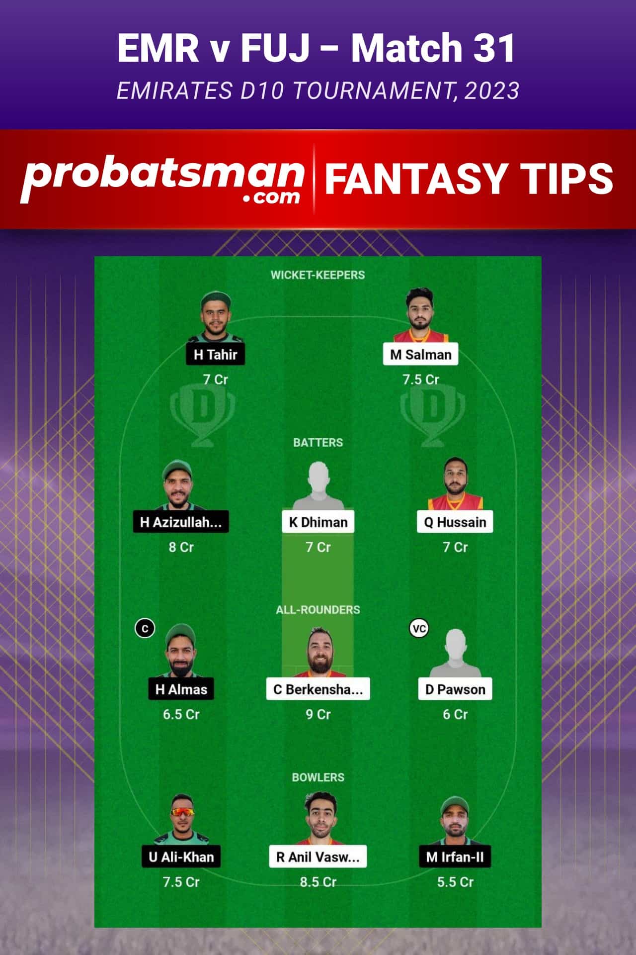 EMR vs FUJ Dream11 Prediction - Fantasy Team 1