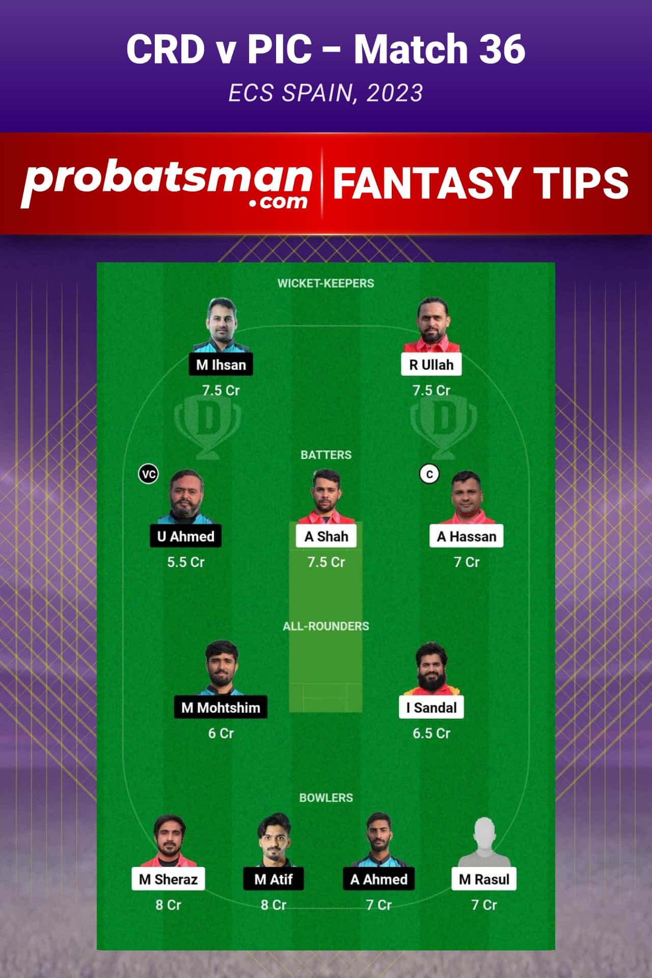 CRD vs PIC Dream11 Prediction - Fantasy Team 2