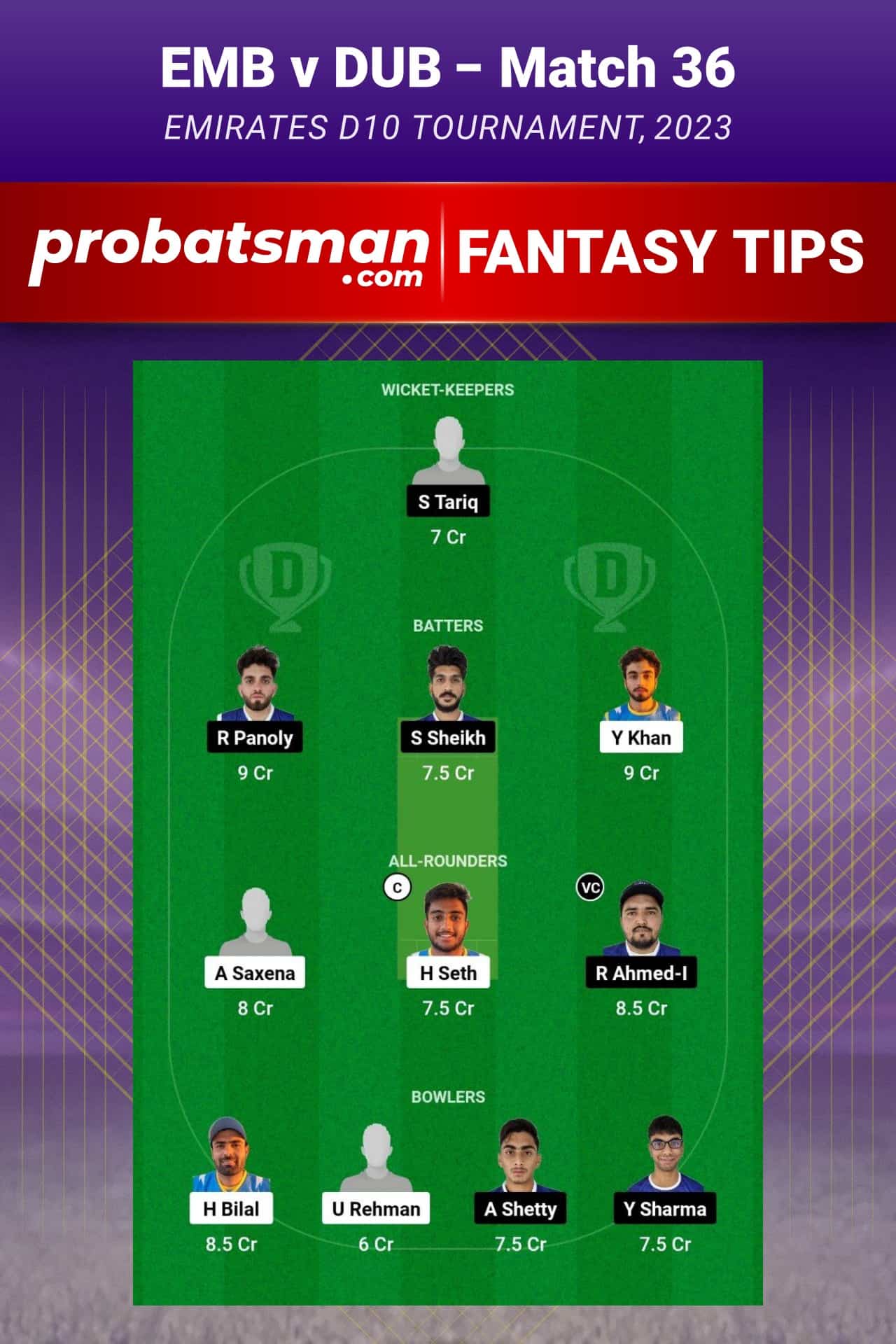 EMB vs DUB Dream11 Prediction - Fantasy Team 1