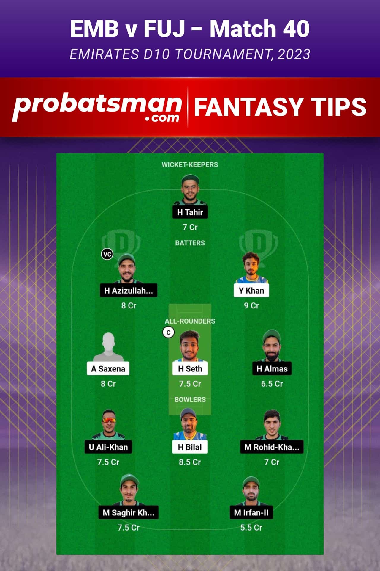 EMB vs FUJ Dream11 Prediction - Fantasy Team 1