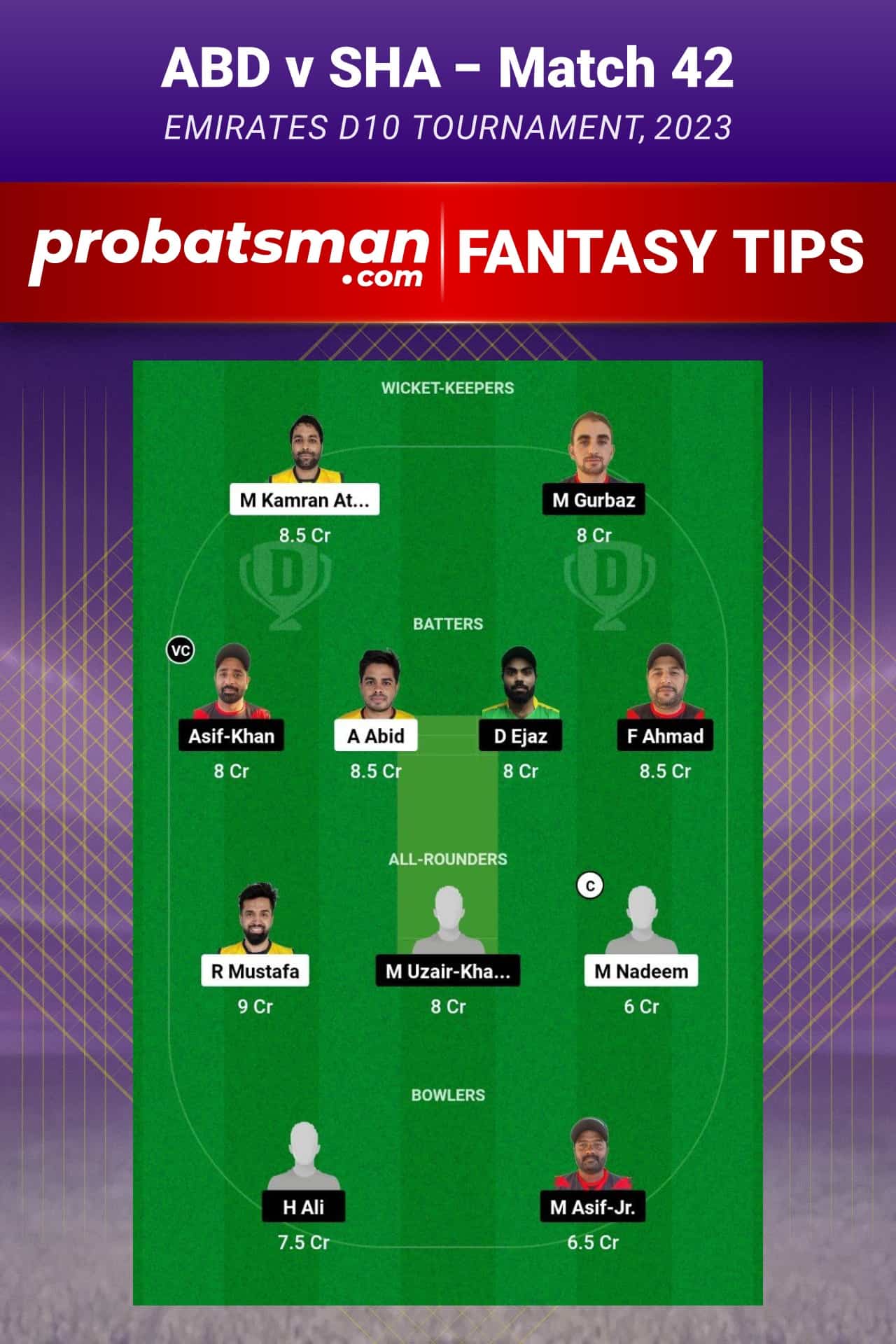 ABD vs SHA Dream11 Prediction - Fantasy Team 1