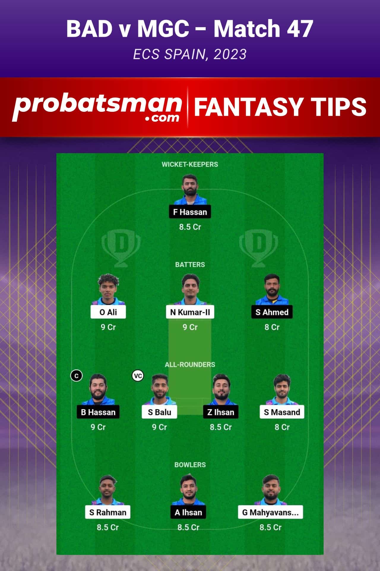 BAD vs MGC Dream11 Prediction - Fantasy Team 1
