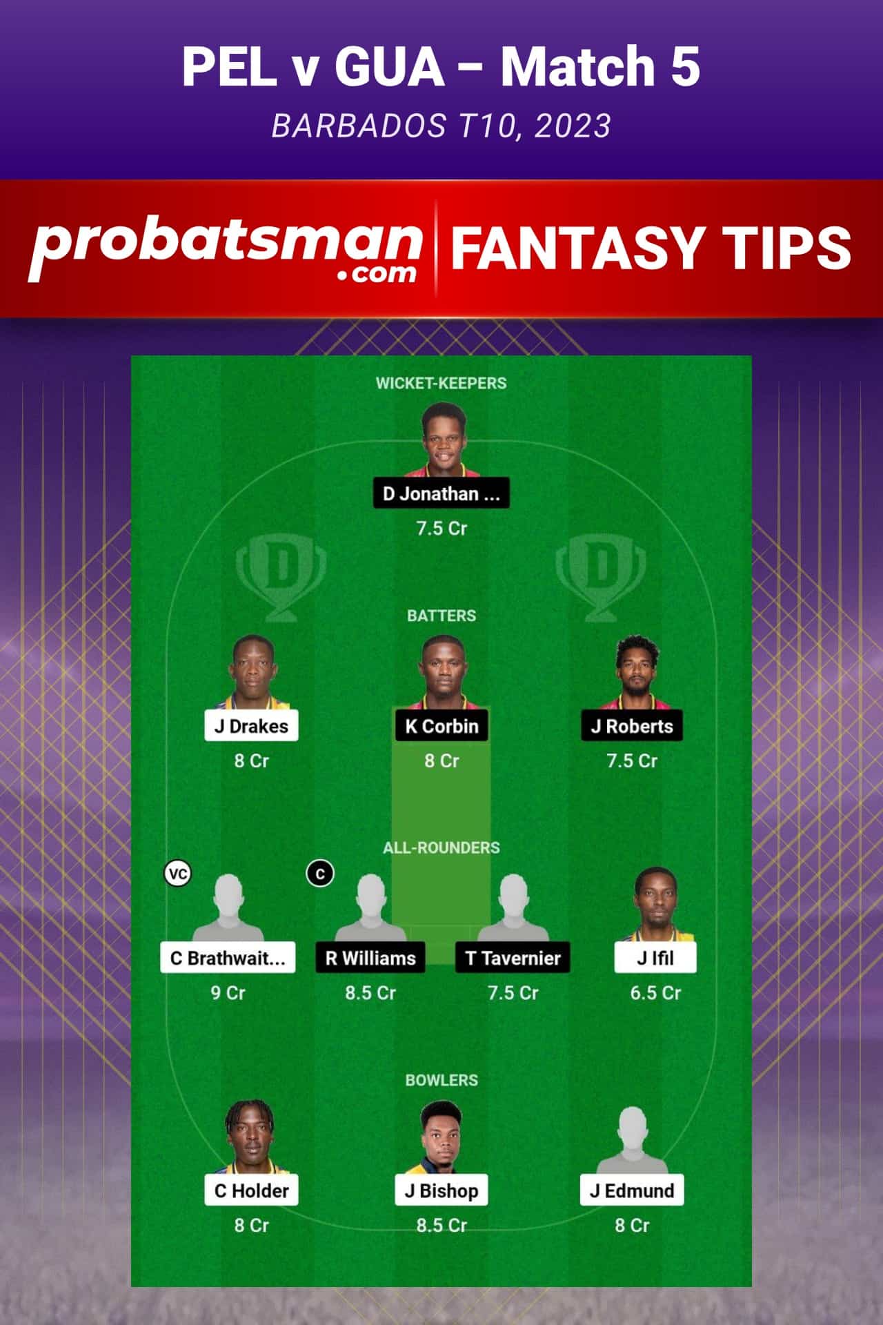 PEL vs GUA Dream11 Prediction With Stats, Pitch Report & Player Record of Barbados T10, 2023 For Match 5