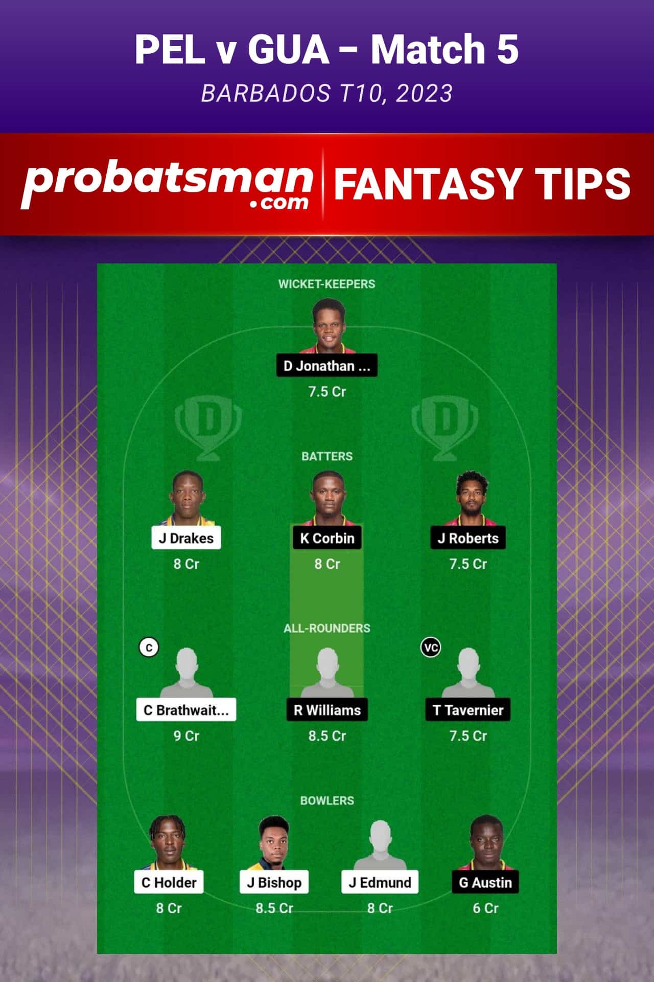 PEL vs GUA Dream11 Prediction With Stats, Pitch Report & Player Record of Barbados T10, 2023 For Match 5