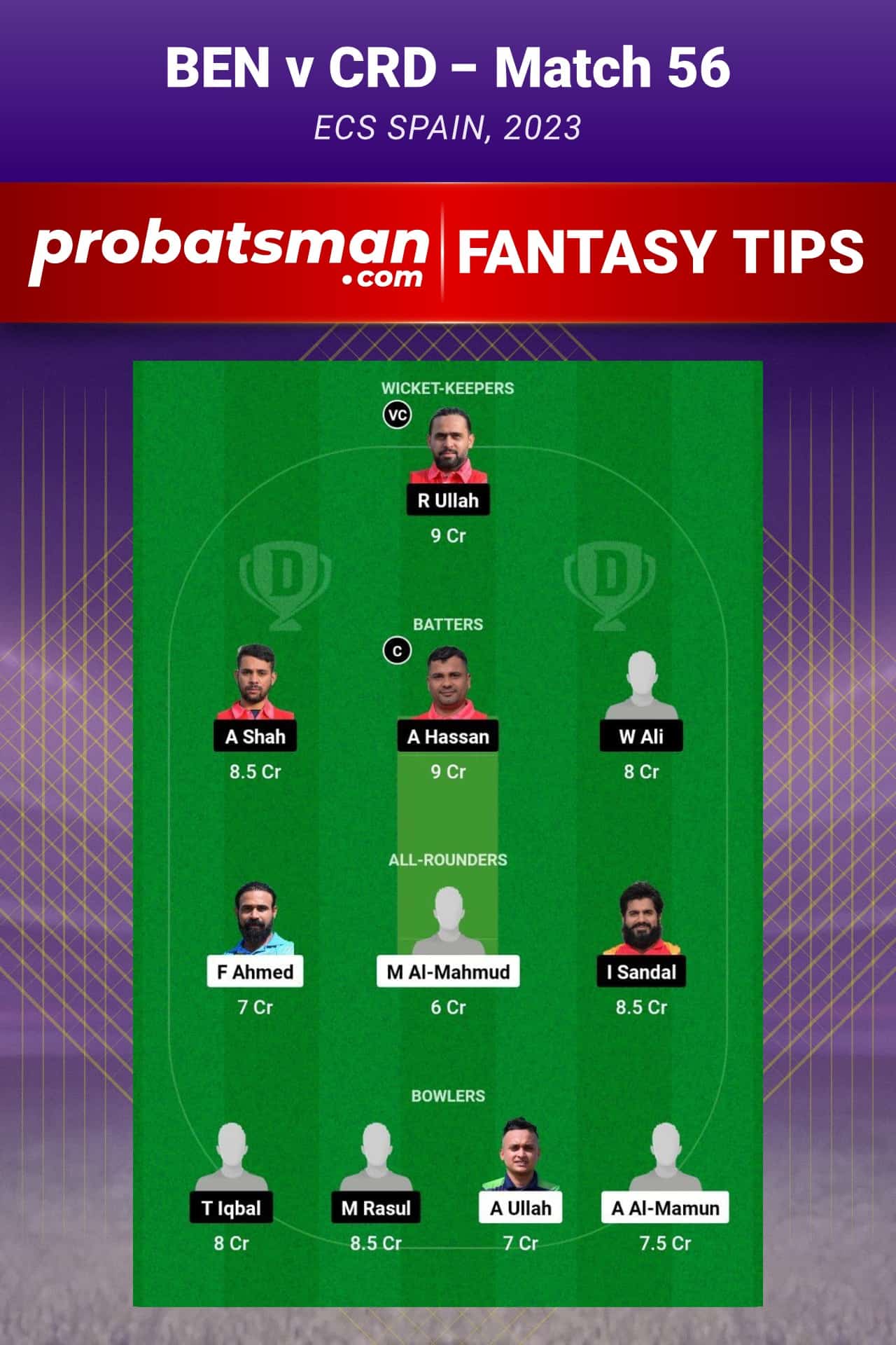 BEN vs CRD Dream11 Prediction - Fantasy Team 1