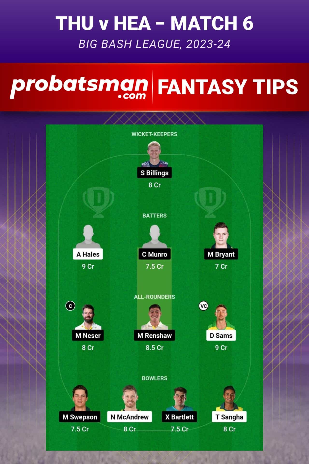 THU vs HEA Dream11 Prediction - Fantasy Team 1