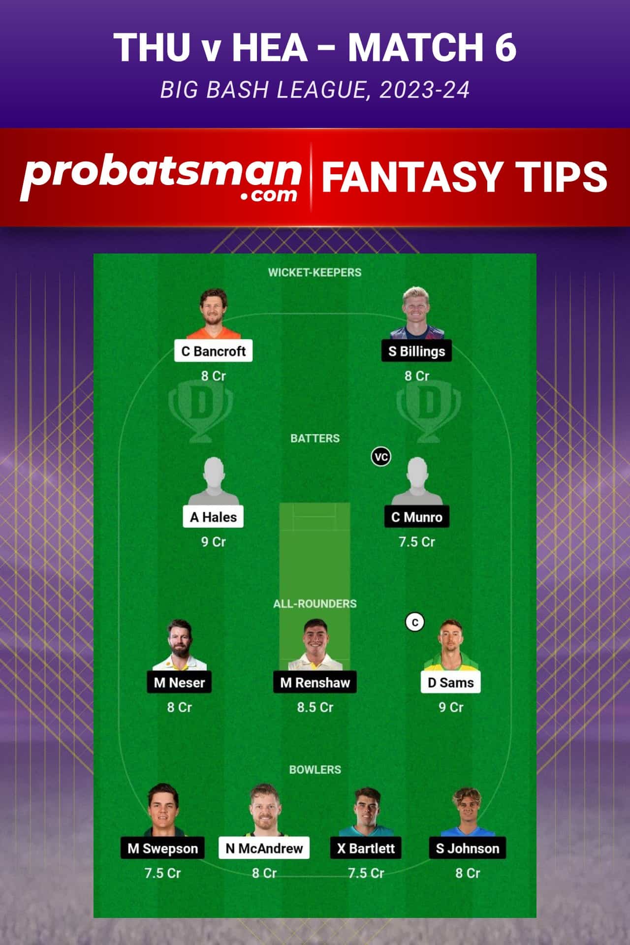 THU vs HEA Dream11 Prediction - Fantasy Team 2